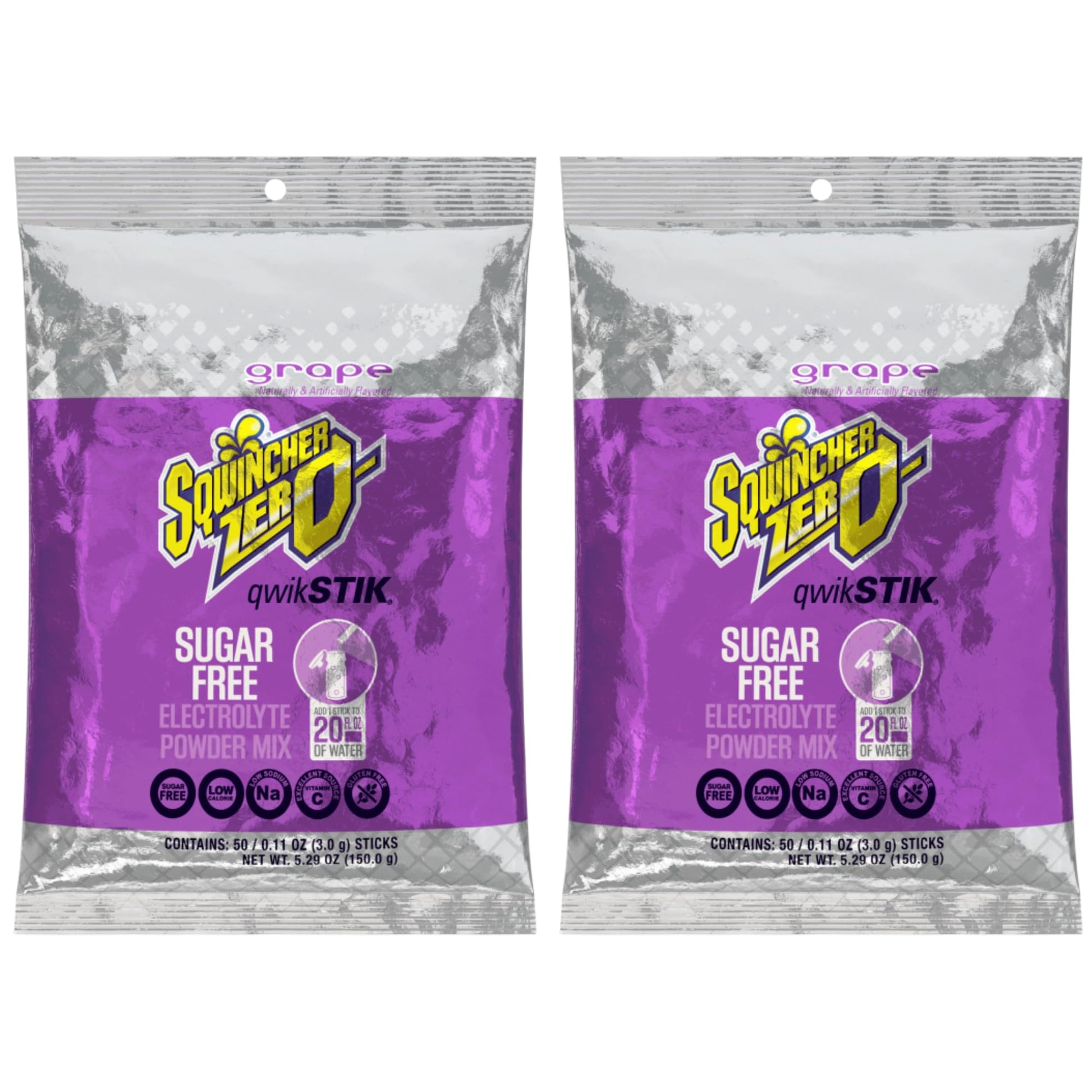 Sqwincher Zero Qwik Stik - Sugar Free Electrolyte Powdered Beverage Mix, 50 Count Bag, 2 Pack (100 Sticks Total) (Grape)