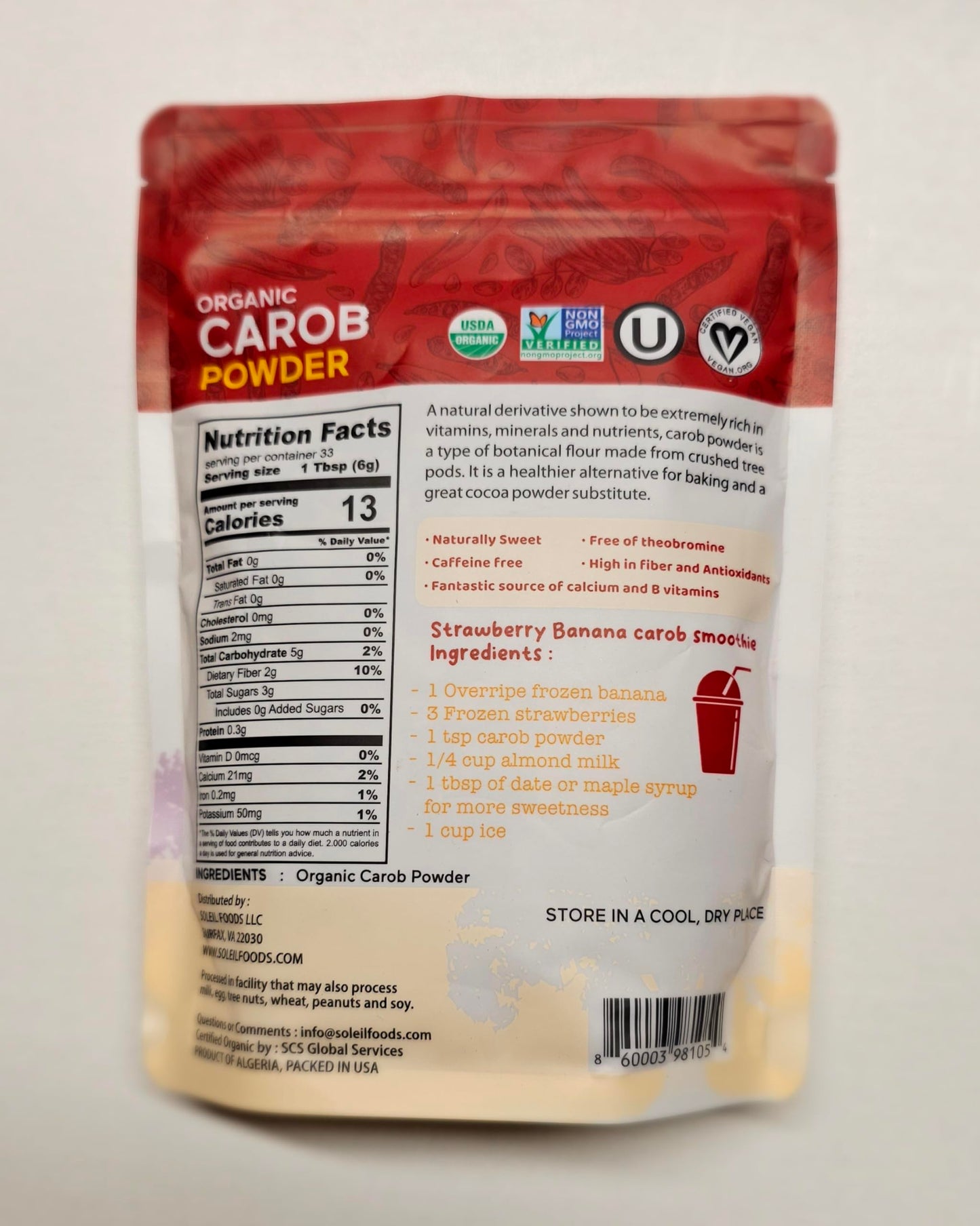 SOLEIL FOODS Organic Carob Powder, Plant-Based Superfood, Vegan, Gluten-Free, 8.8 oz