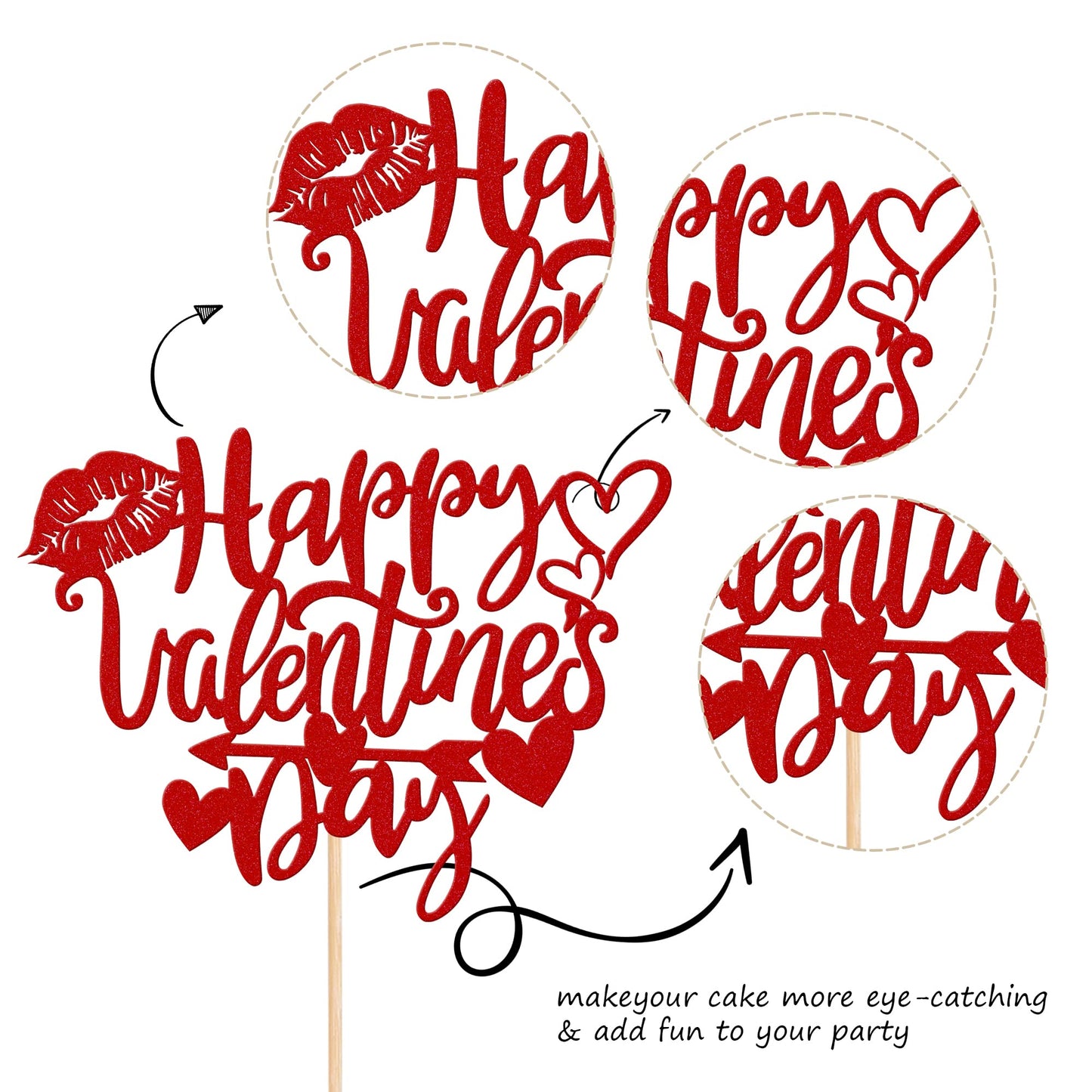 Rssta i Valentine’s Day Cake Topper, Glitter Love Heart Lips, Cupids Arrow, Red, Model XM232-red