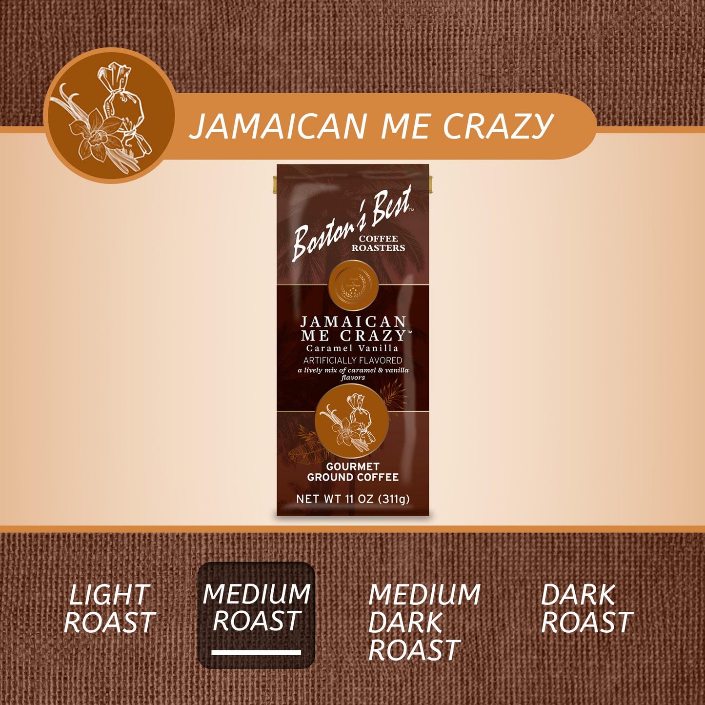 Bostons Best Coffee - Jamaican Me Crazy Flavored Gourmet Ground Coffee, 11 oz. Bag