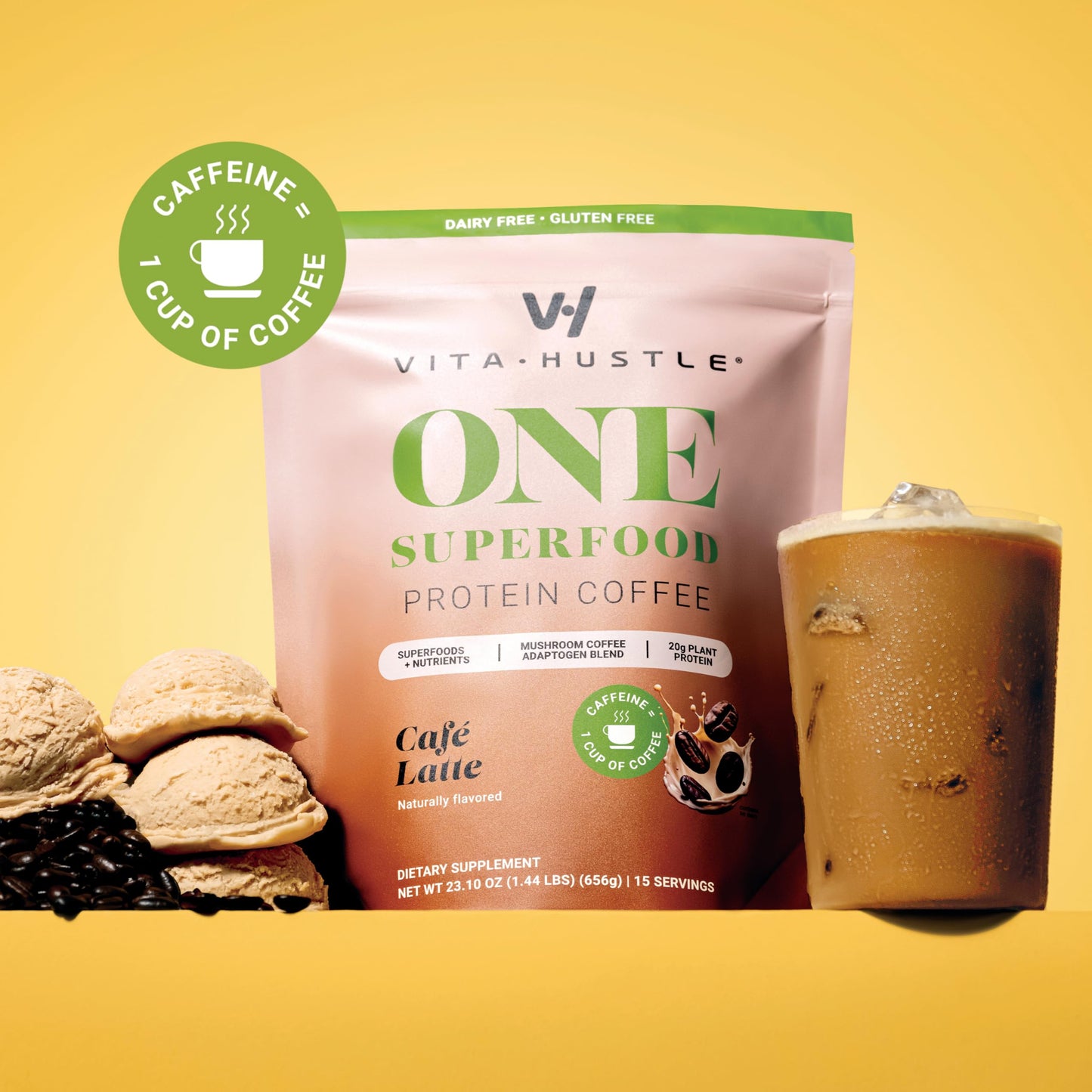 VitaHustle ONE Protein Coffee - Superfood Meal Replacement Powder  Plant Based Protein Shake Powder  Vegan. Superfoods  Vitamins  Ashwagandha  Functional Mushroom Blend (Cafe Latte) 15 Servings