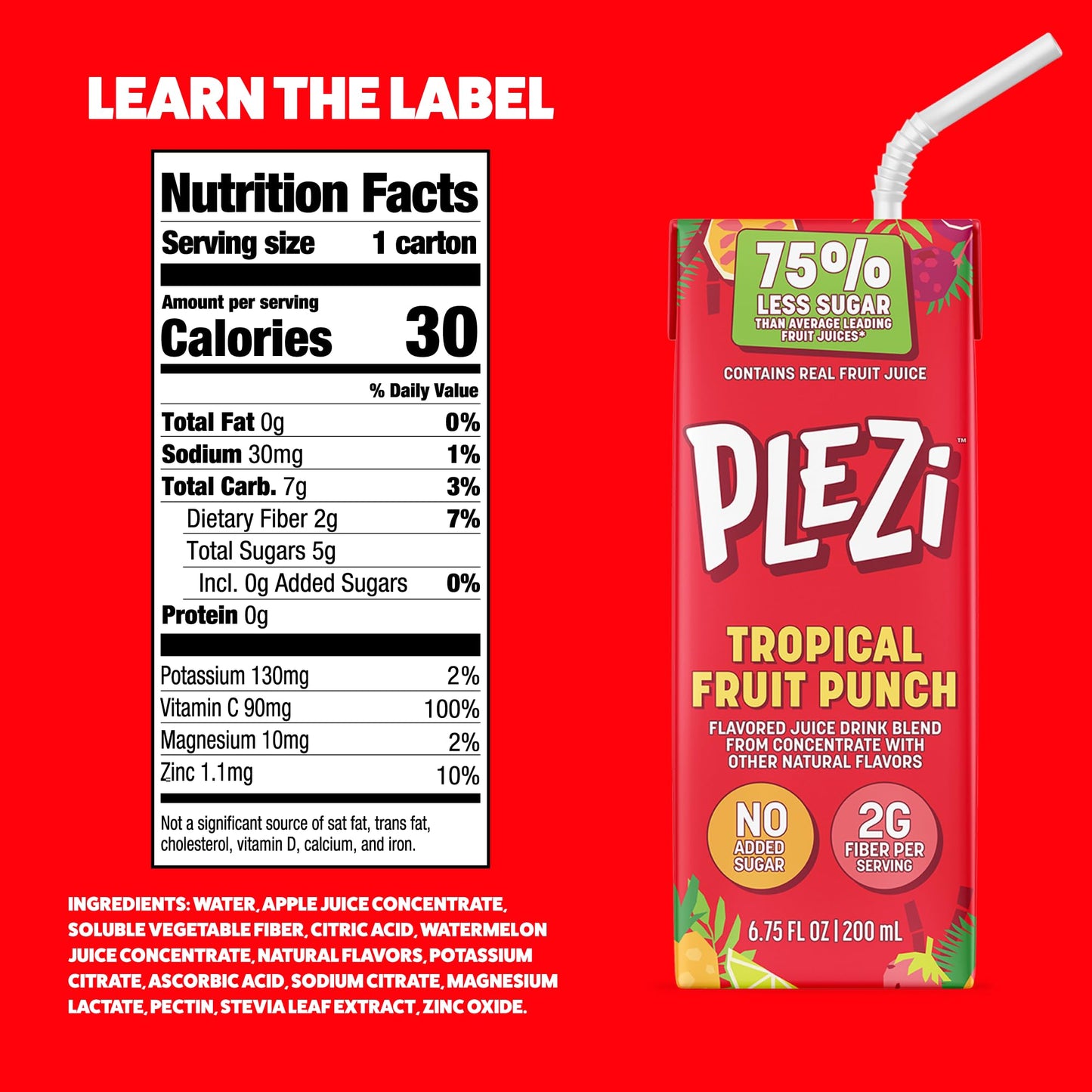 Plezi Fruit Juice Boxes For Kids, Tropical Fruit Punch - Low Sugar Drinks With Dietary Fiber, Healthy Vitamin C, And Potassium E