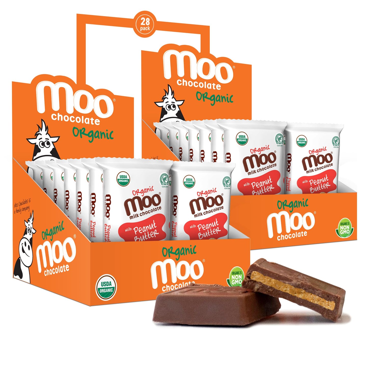 Moo Chocolates Organic Milk Chocolate Mini Bars with Peanut Butter 0.7oz, 28 ct (Pack of 2) | USDA Organic, Non-GMO | 110 Calori