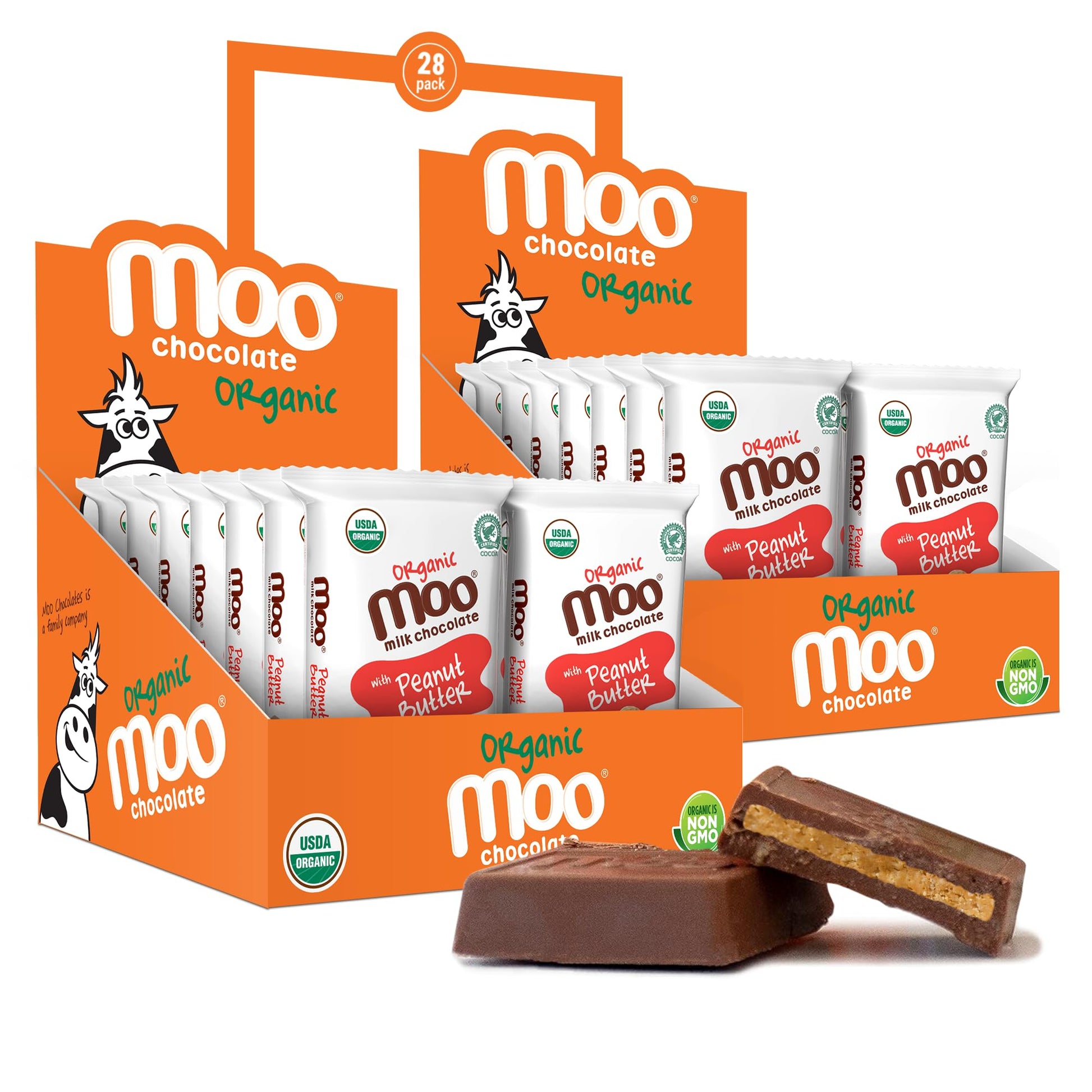 Moo Chocolates Organic Milk Chocolate Mini Bars with Peanut Butter 0.7oz, 28 ct (Pack of 2) | USDA Organic, Non-GMO | 110 Calori
