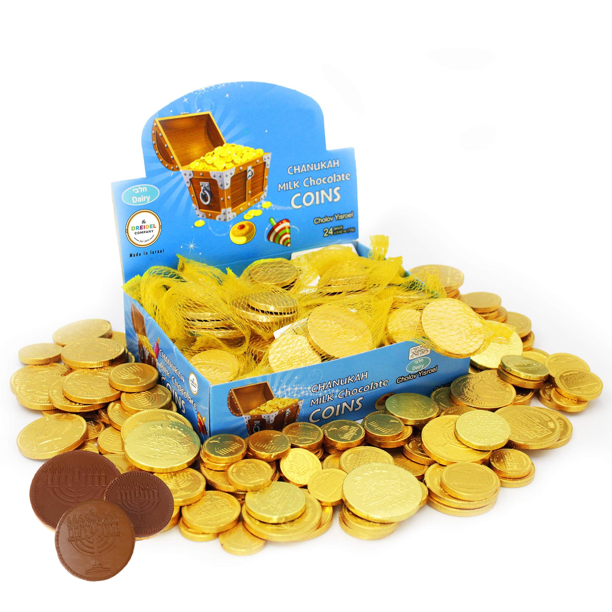 The Dreidel Company Hanukkah Gelt Coins, Made in Israel, Kosher Certified Chanukah Coins Box, 0.42 oz each (Single, 24 Mesh Bags