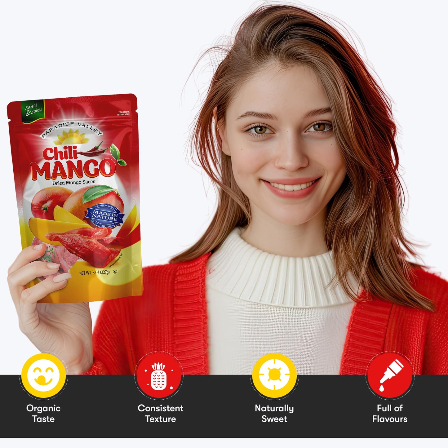 Dried Mango Slices - Delicious Texture Soft & Juicy Low Sugar Added Dried Mango - Naturally Ripened Mangos Dried Fruits - Gluten Free Dry Mangoes Natural Source of Vitamin C  Fiber  (8 oz chili)