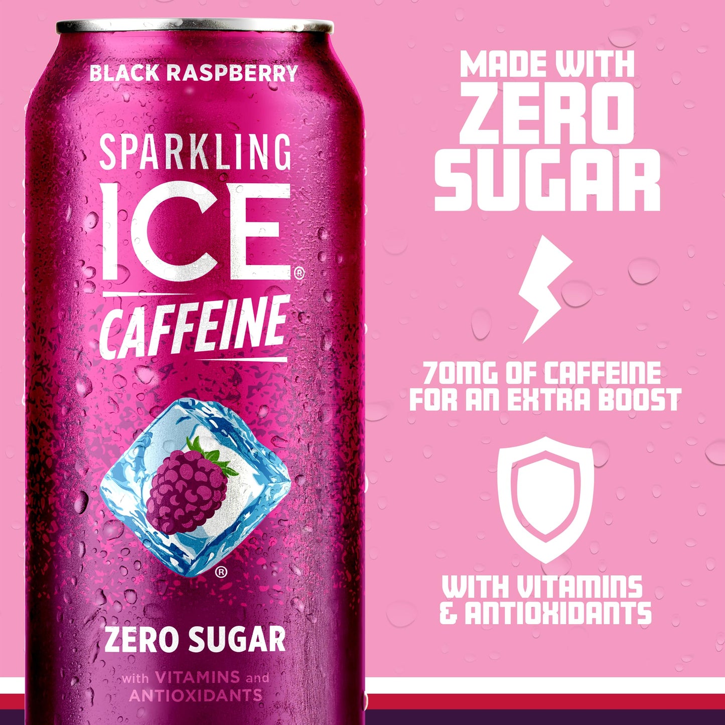 Sparkling Ice Caffeine Black Raspberry Sparkling Water, Zero Sugar, 16 fl oz Cans, Pack of 12