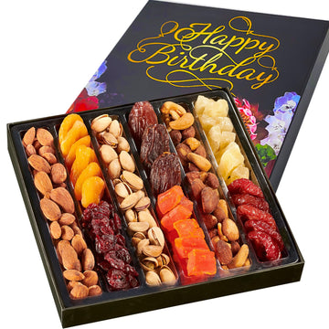 Happy Birthday Dried Fruit & Nuts Gift Basket Arrangement Platter, Gourmet Food Snack Box, Birthday Care Package, Healthy Kosher