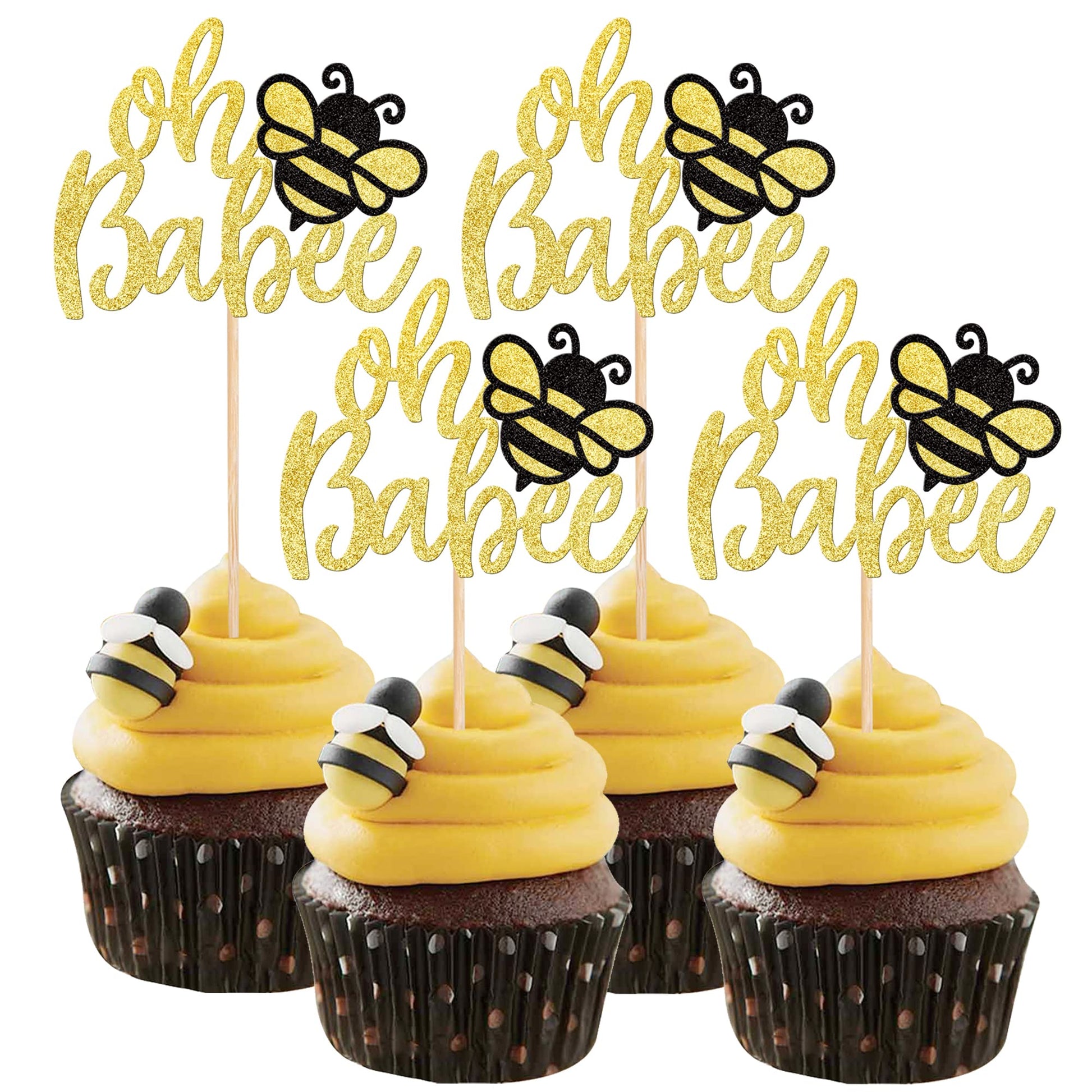 24 PCS Oh Babee Cupcake Toppers Glitter Bumble Bee Cupcake Picks Oh Baby Cake Decorations for Bee Theme Baby Shower Kids Birthda