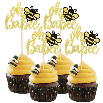 24 PCS Oh Babee Cupcake Toppers Glitter Bumble Bee Cupcake Picks Oh Baby Cake Decorations for Bee Theme Baby Shower Kids Birthda