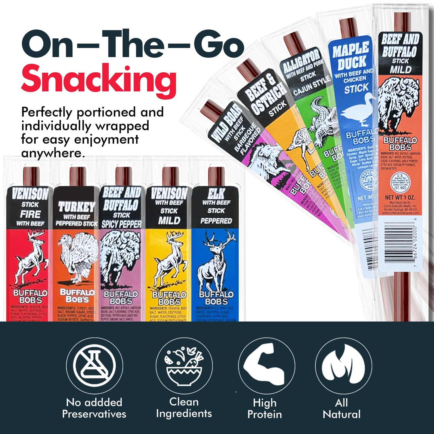 Jerky-n-Spice Wild Game Meat Sticks, 10-Pack, Exotic Beef Jerky Variety, 1.2 Ounce Each, Perfect Gift for Meat Lovers