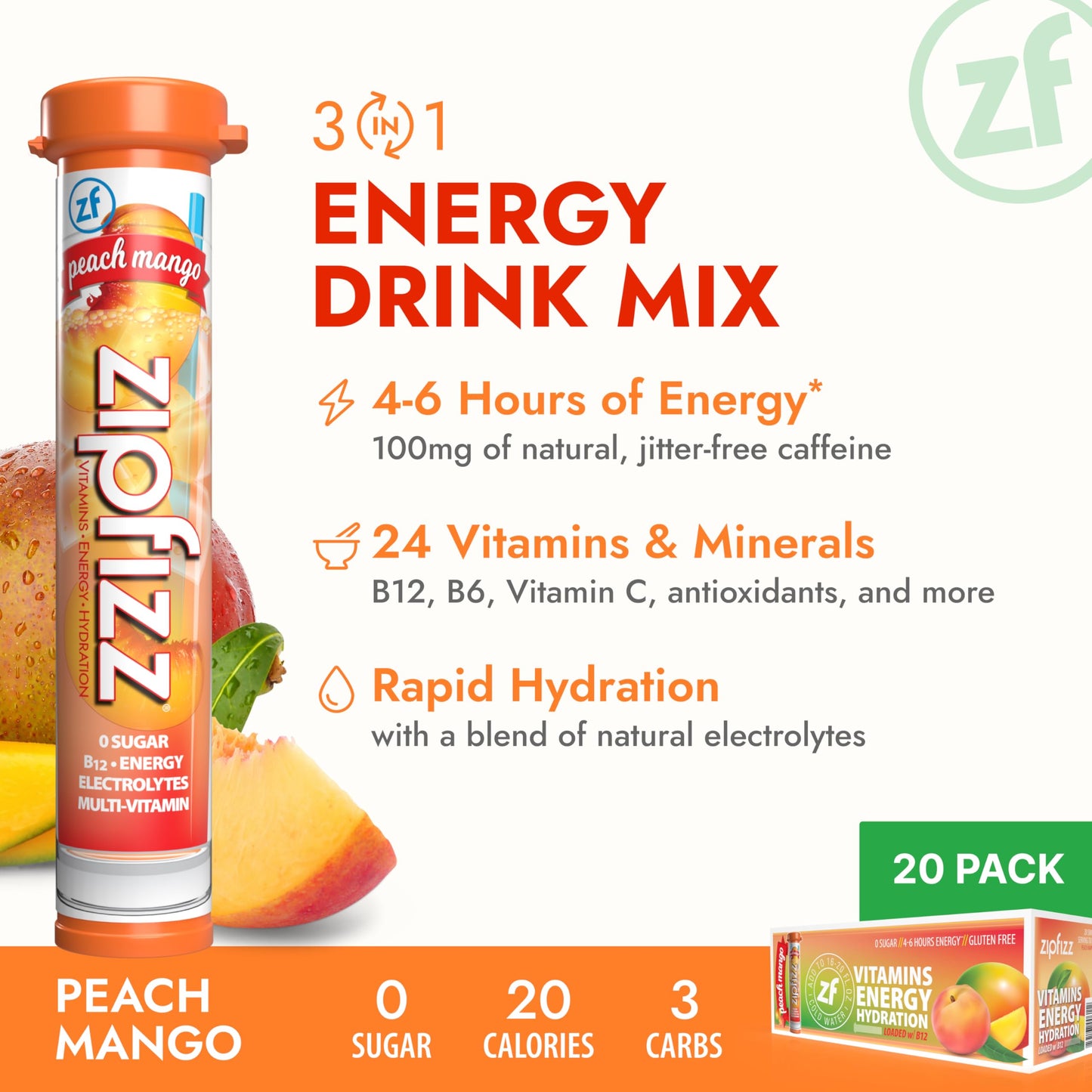Zipfizz Daily Energy Drink Powder, Peach Mango, 20 Pack | Sugar-Free, Electrolyte Powder, Contains Vitamin B-12, 0.39 Ounce Each