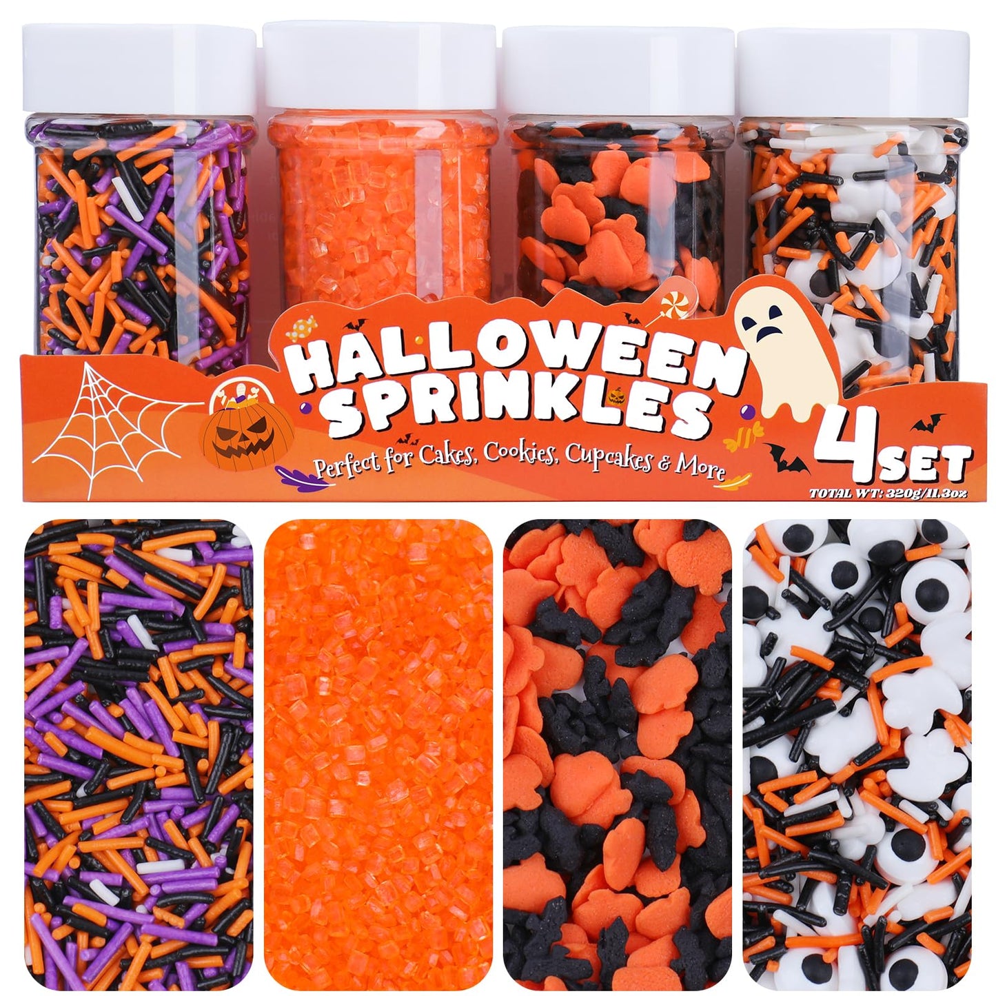 Halloween Sprinkles for Decorating Edible Set 4  320g/11.3oz with Orange Sanding Sugar  Pumpkin  Bat  Ghost  Candy Eyes and Jimmies  Ideal for Cake  Cupcake  Ice Cream  Cookie Toppings