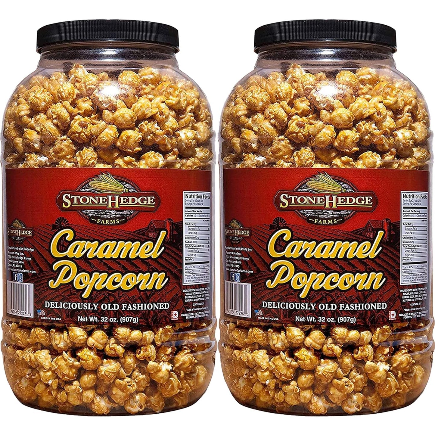 Stonehedge Farms Caramel Flavored Popcorn | 32 oz (Pack of 2) Reclosable Barrels | Bulk Gourmet Popped Carmel | Made in the USA