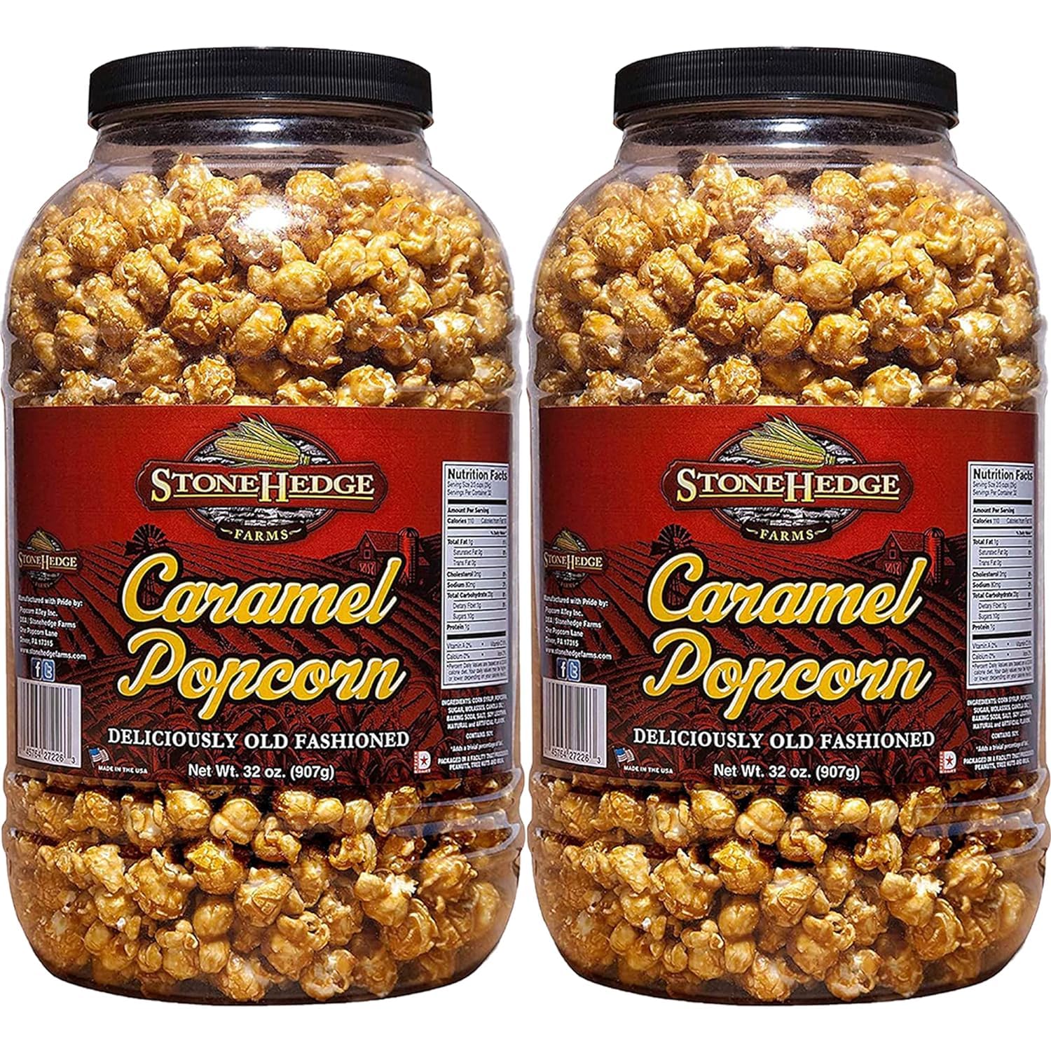 Stonehedge Farms Caramel Flavored Popcorn | 32 oz (Pack of 2) Reclosable Barrels | Bulk Gourmet Popped Carmel | Made in the USA