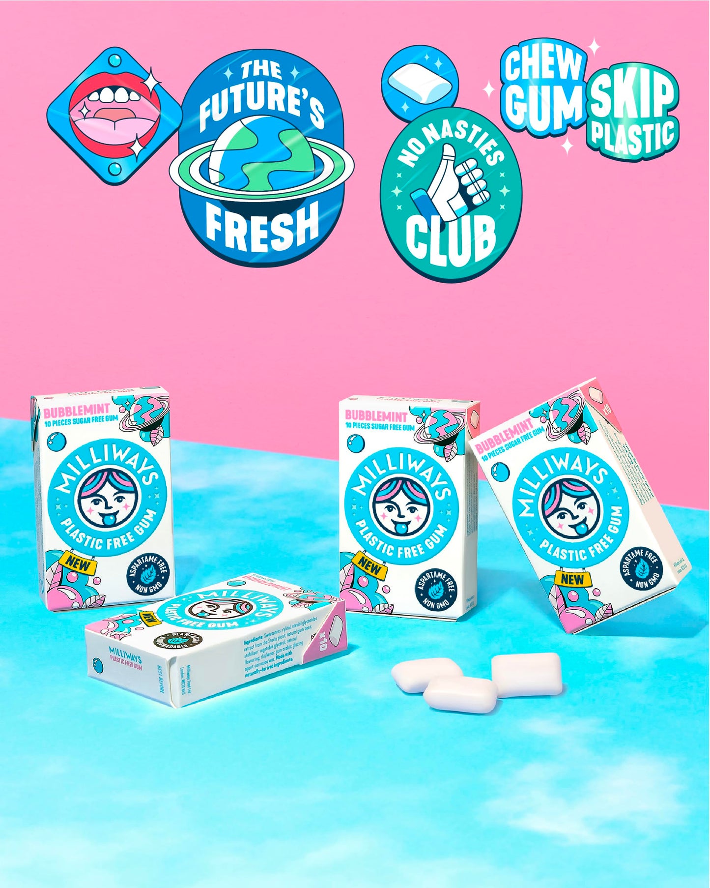 Milliways Bubblemint | Plastic Free Gum | Xylitol, Aspartame-Free, Sugar-Free, Plant-Based, Natural Chewing Gum | 40 Pieces Tota