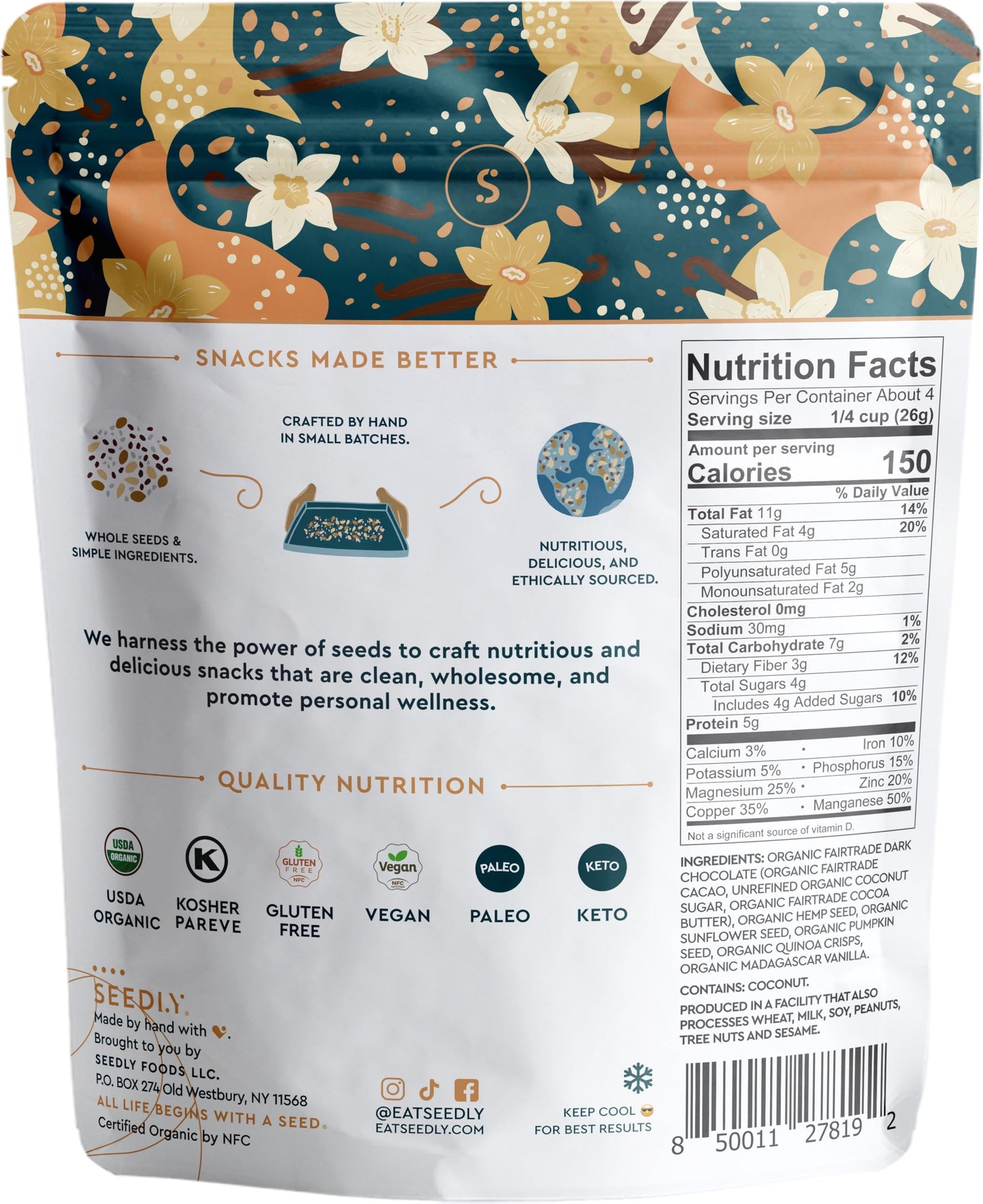 SEEDLY Organic Dark Chocolate Snacking Bark, Vanilla Quinoa Crunch, 20g Protein, Keto, Vegan, 3.6oz (Pack of 3)