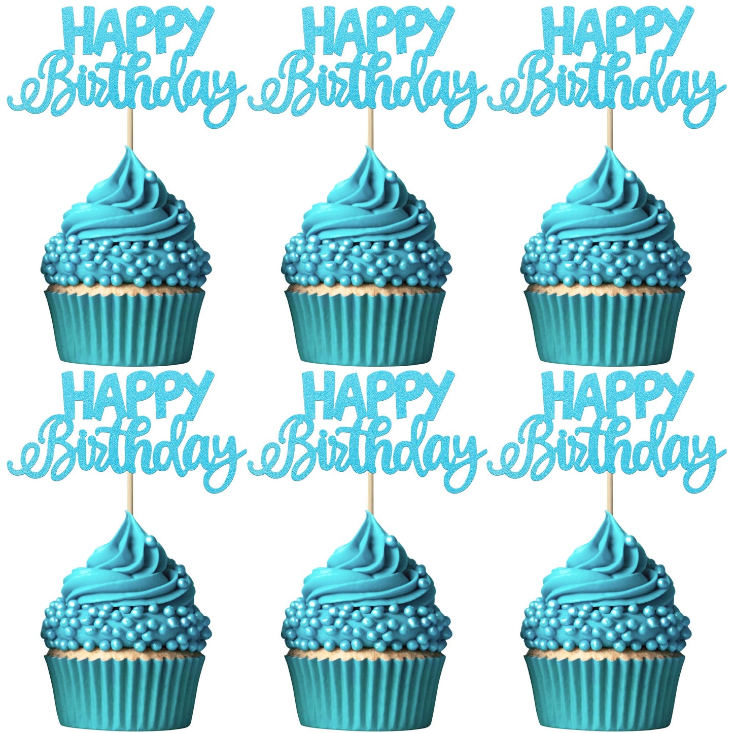 YCTHUNFISH 24 Pack Cupcake Toppers - Glitter Blue Bamboo Picks for Birthday & Baby Shower Party Decorations