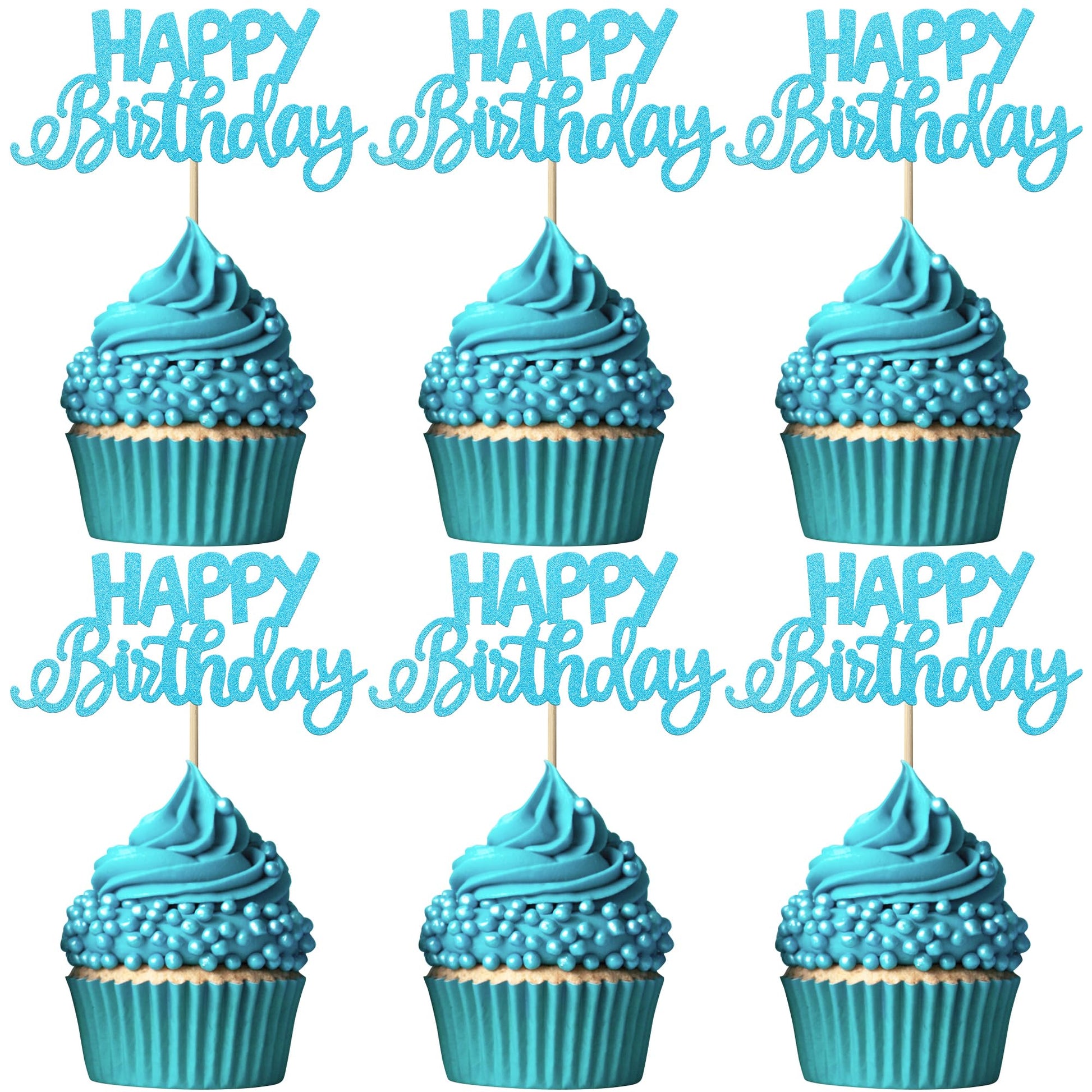 YCTHUNFISH 24 Pack Cupcake Toppers - Glitter Blue Bamboo Picks for Birthday & Baby Shower Party Decorations