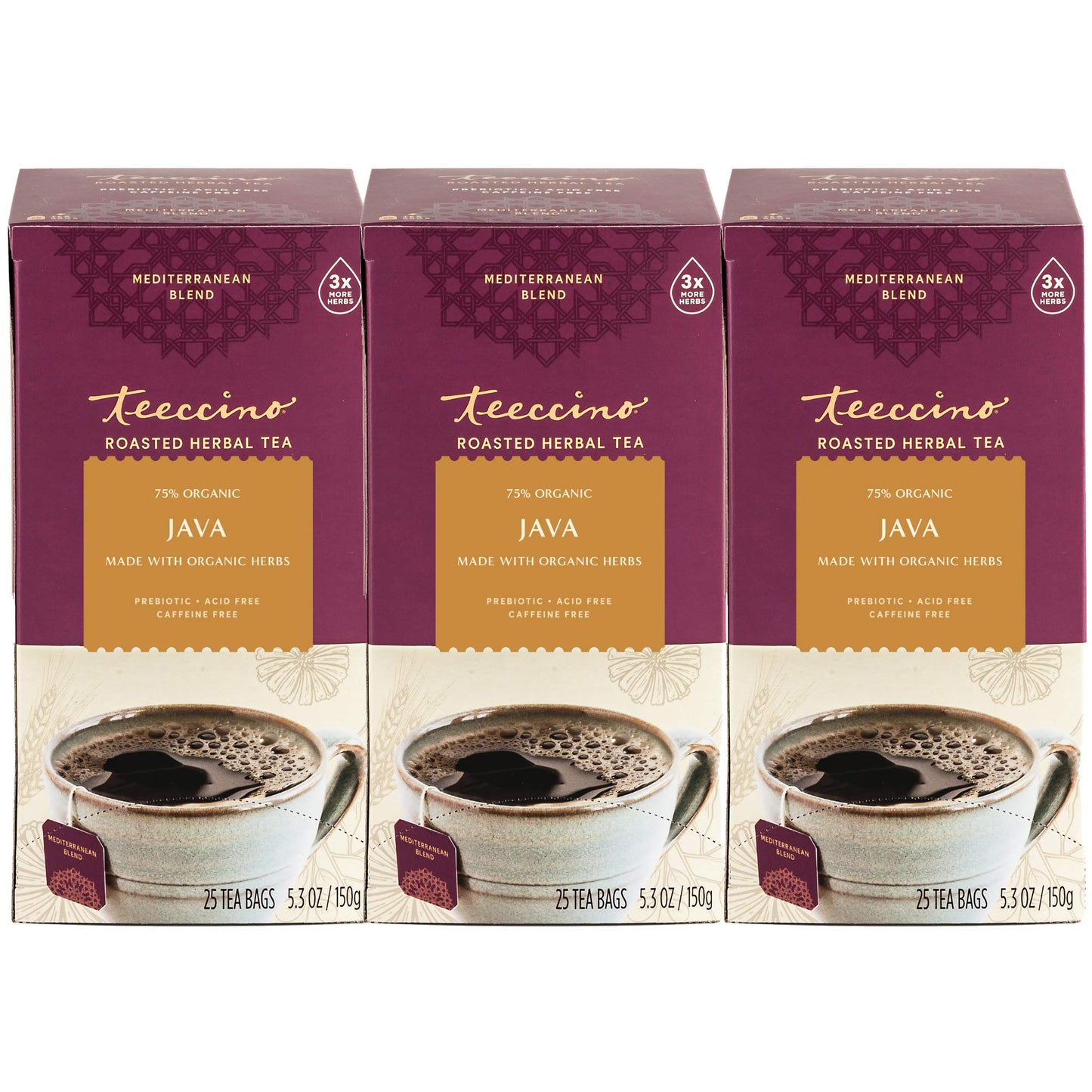 Teeccino Herbal Tea - Caffeine Free & Prebiotic - 25 Tea Bags (Pack of 3)