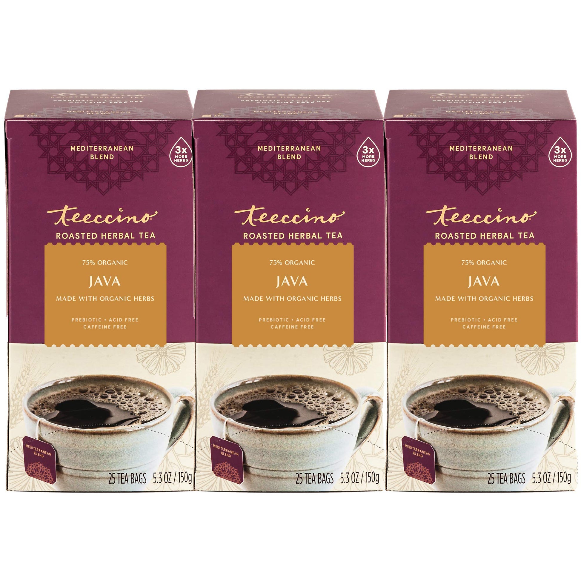 Teeccino Herbal Tea - Caffeine Free & Prebiotic - 25 Tea Bags (Pack of 3)