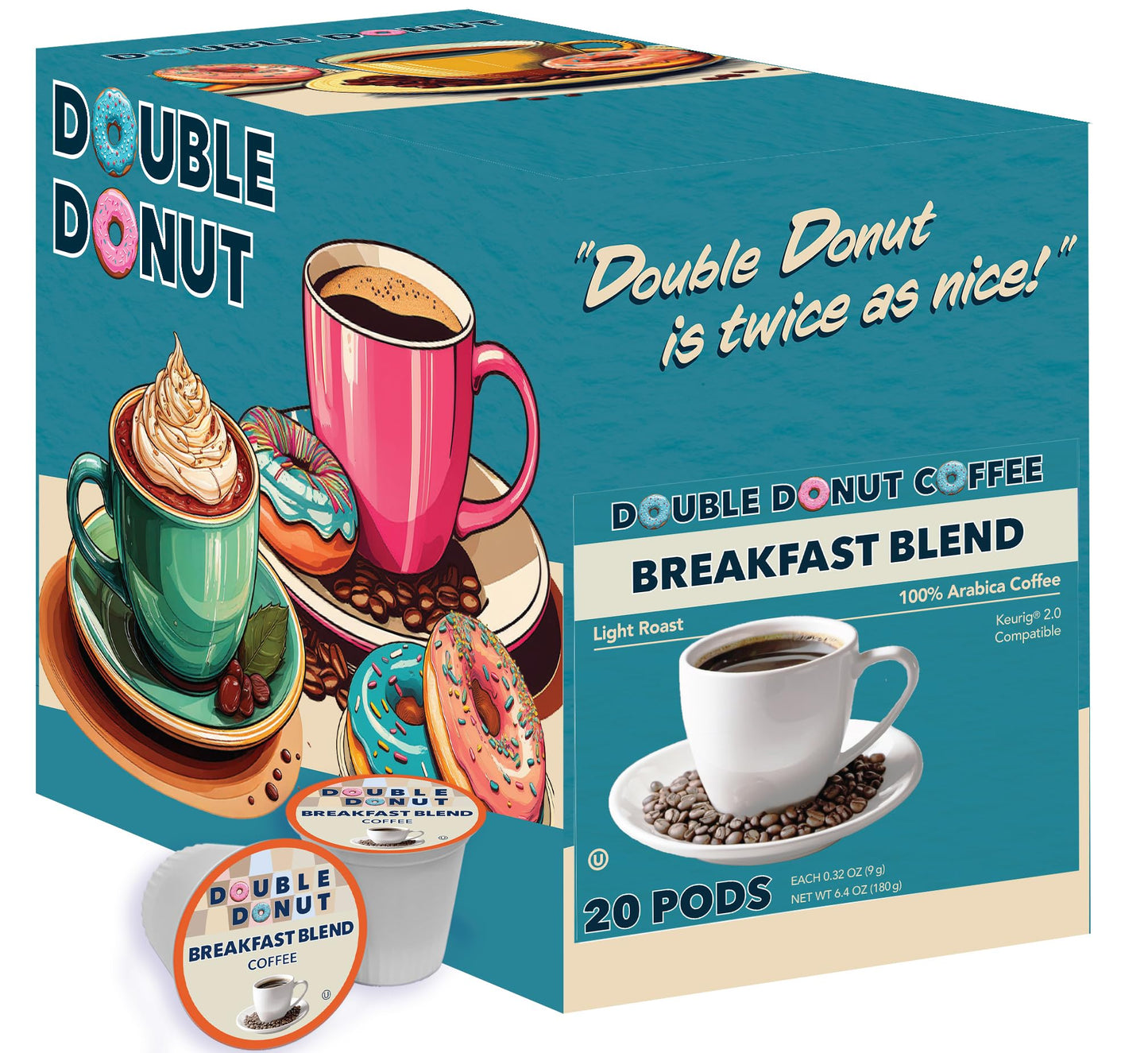 Double Donut Coffee Breakfast Blend Medium Roast Coffee Pods, 20 Count for Keurig K Cup Brewer