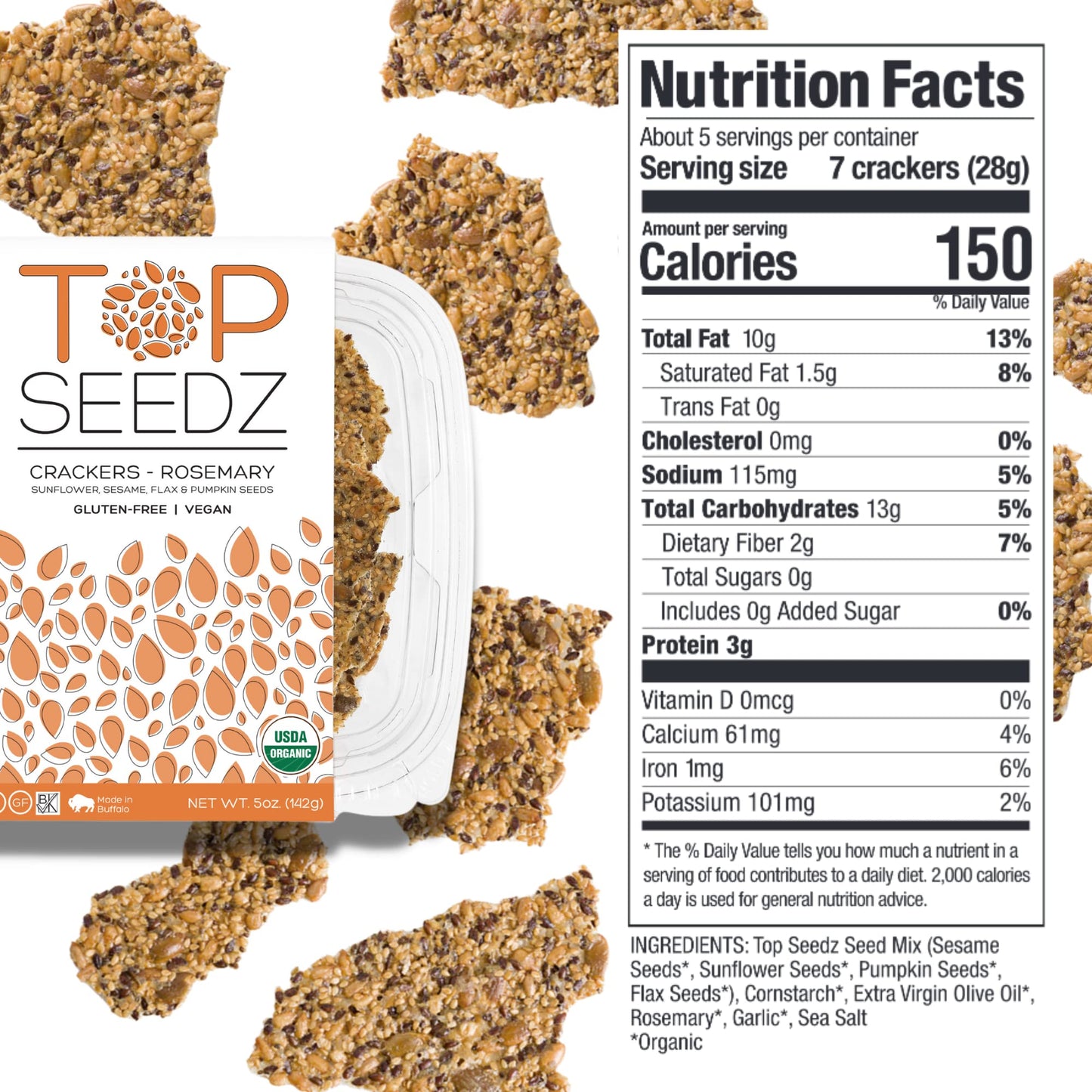 Top Seedz Organic Gluten Free Rosemary & 6 Seed  ers - 5 oz, 6-Pack, Vegan, Plant-Based Protein