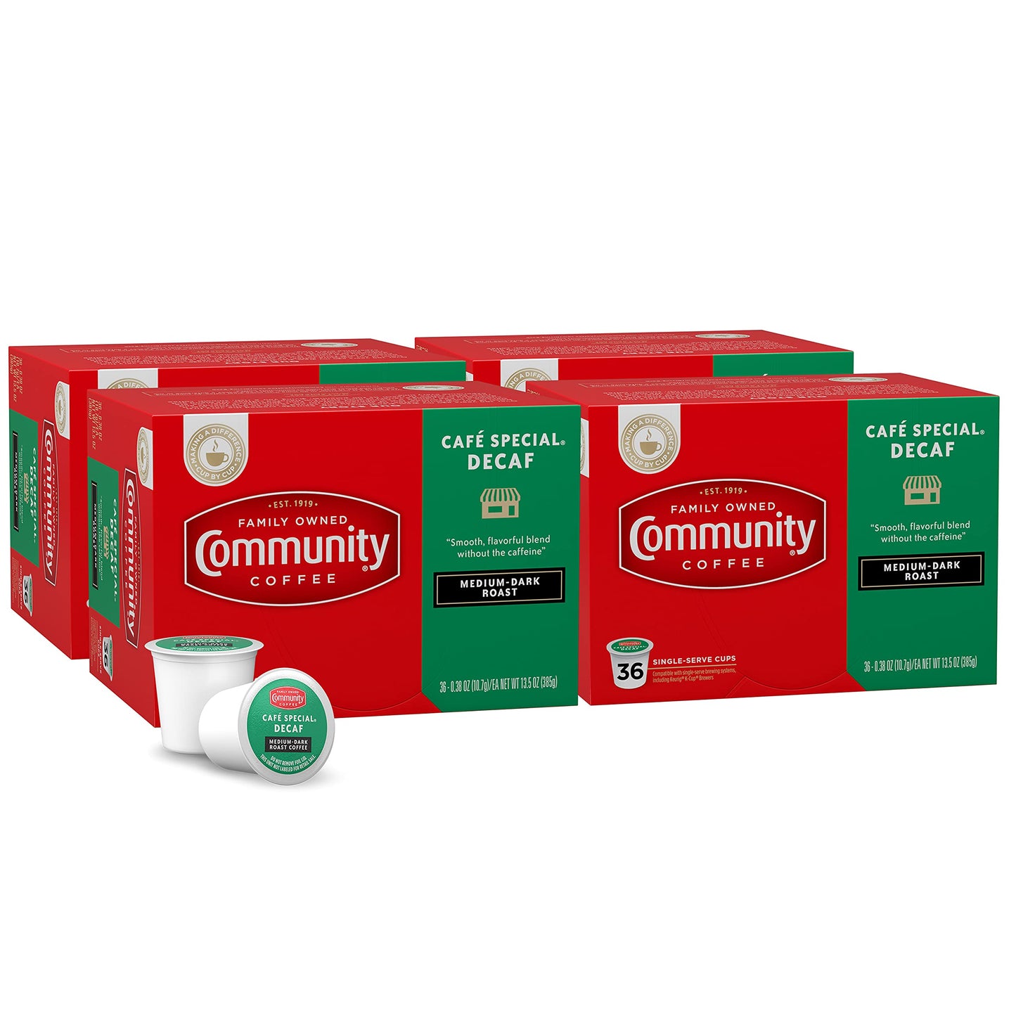 Community Coffee Café Special Decaf Coffee Pods, Medium Dark Roast, 144 Count, Compatible with Keurig 2.0, Red