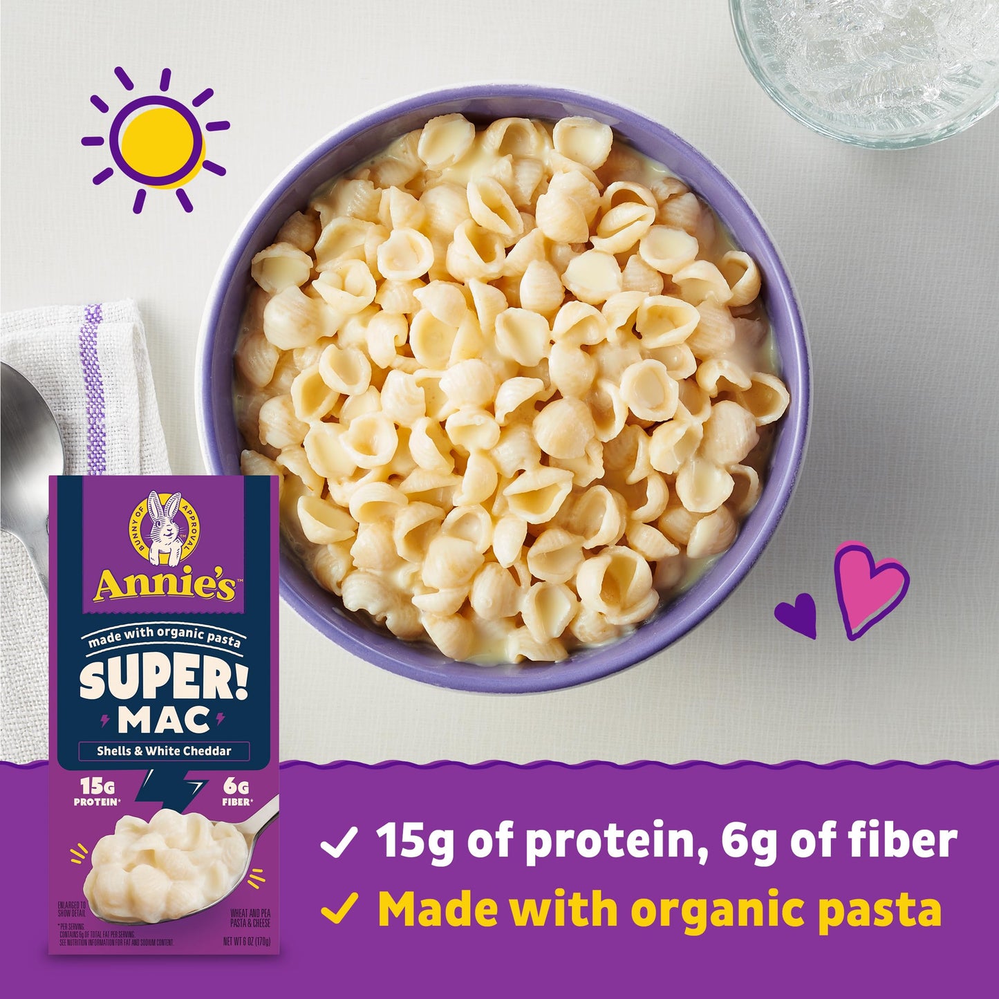 Annies Super! Mac, Protein Macaroni And Cheese Dinner, Shells & White Cheddar, 6 oz. (Pack of 12)