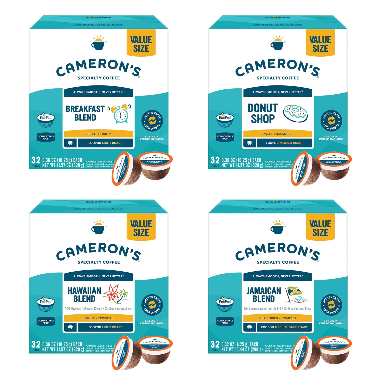 Camerons Coffee Single Serve Pods, Variety Pack Of Donut Shop, Breakfast Blend, 10% Hawaiian Blend, Jamaican Blend, 128 Count