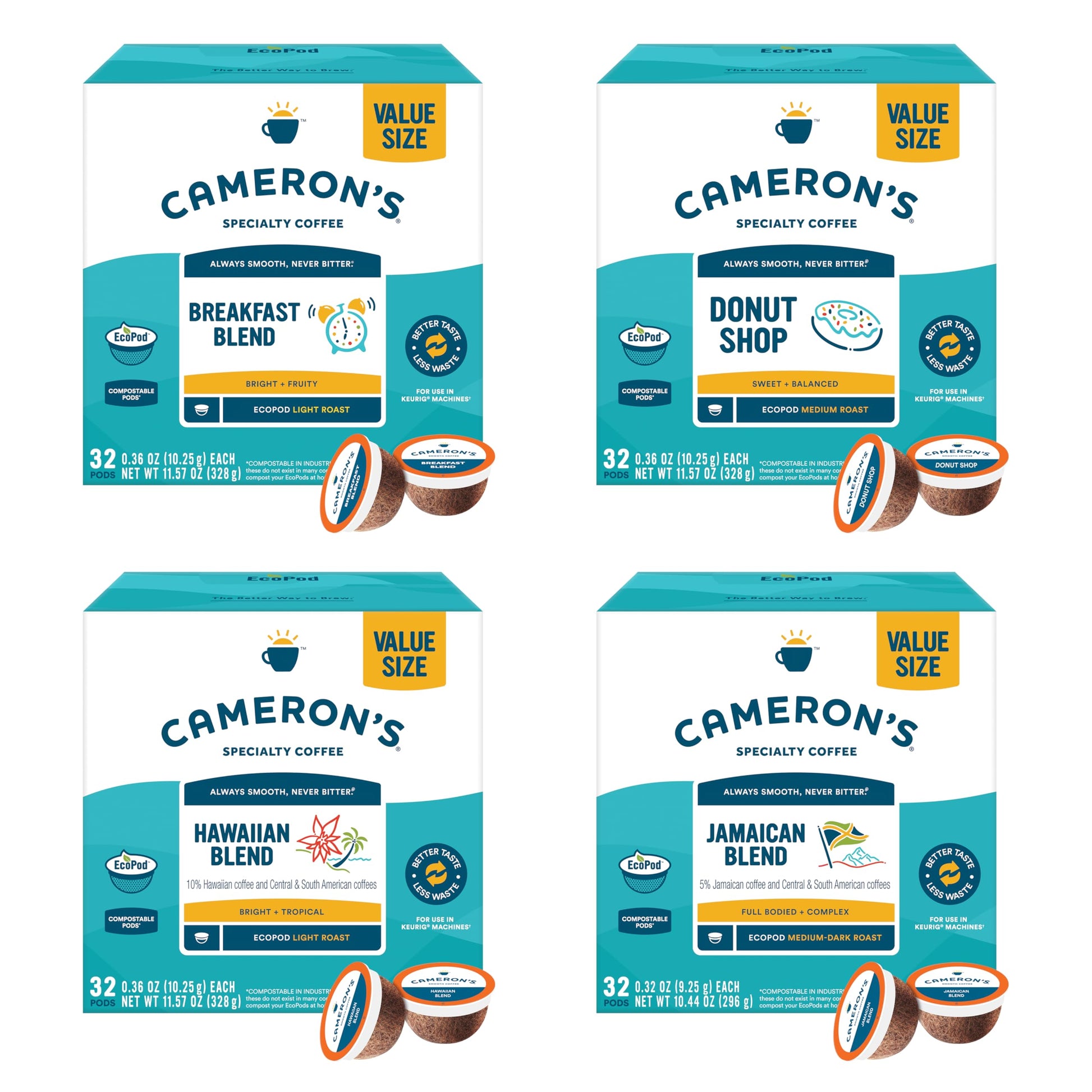 Camerons Coffee Single Serve Pods, Variety Pack Of Donut Shop, Breakfast Blend, 10% Hawaiian Blend, Jamaican Blend, 128 Count