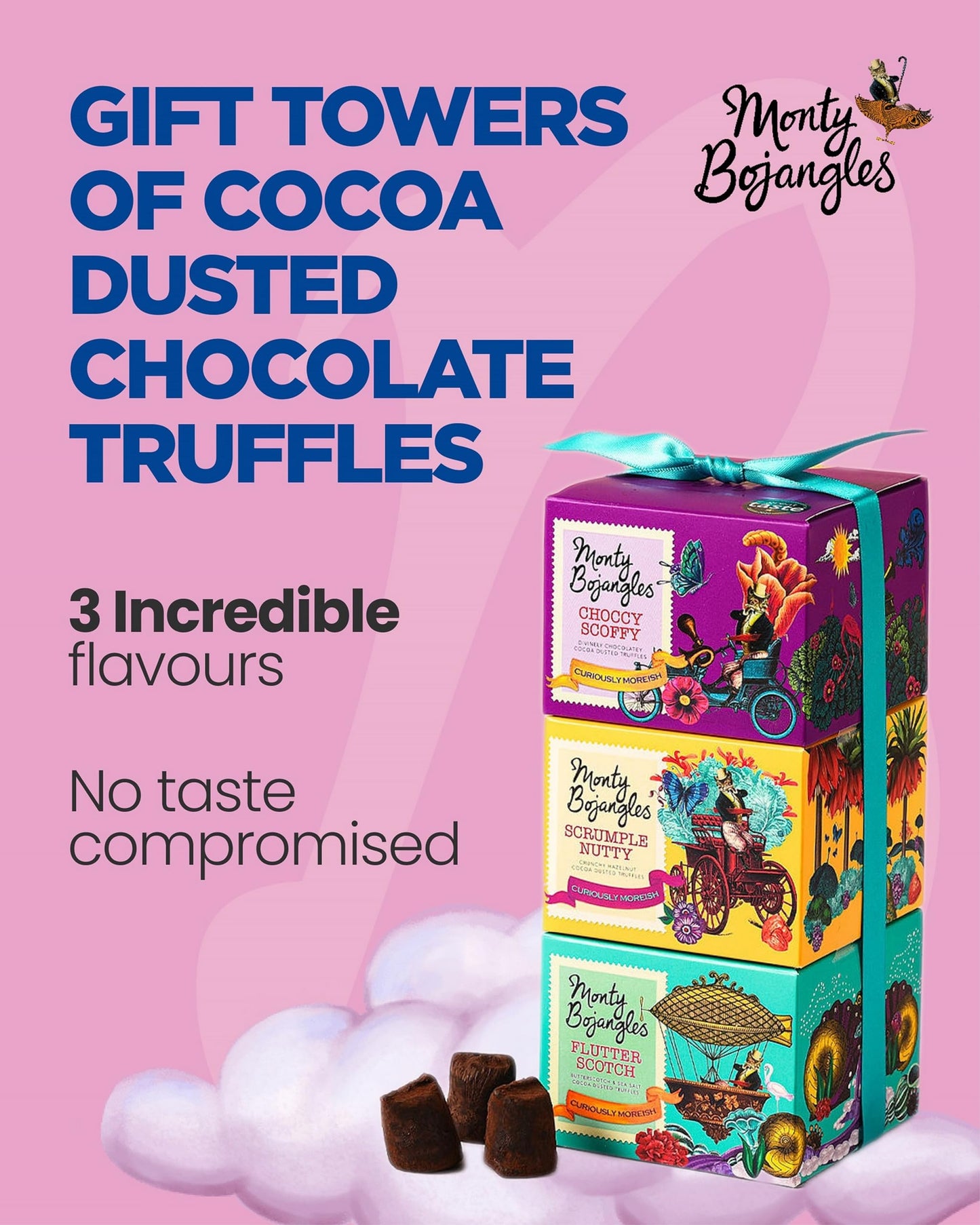 Monty Bojangles Cocoa Dusted Truffles Gift Tower (3 X 3.5Oz Boxes) - 3 Flavors Of Luxury Chocolate Truffle - The Perfect Chocolate Gift Box S