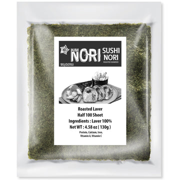 Kimnori Sushi Nori Seaweed Sheets - 100 Half Cut Size Yaki Roasted Rolls Wraps Resealable Bag 100% Natural Laver Fresh Premium R