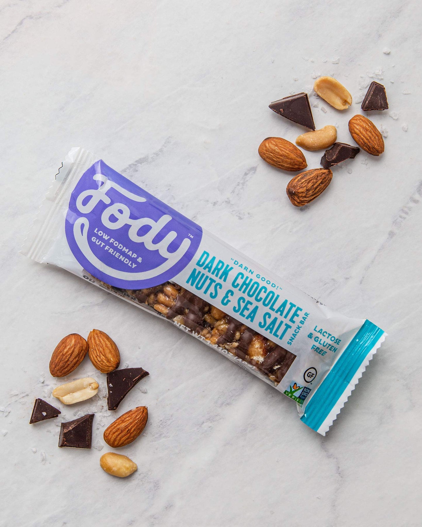 Fody Foods Dark Chocolate Nuts & Sea Salt Snack Bars, 12 Count, Vegan, Low FODMAP, Gluten Free, 5g Protein