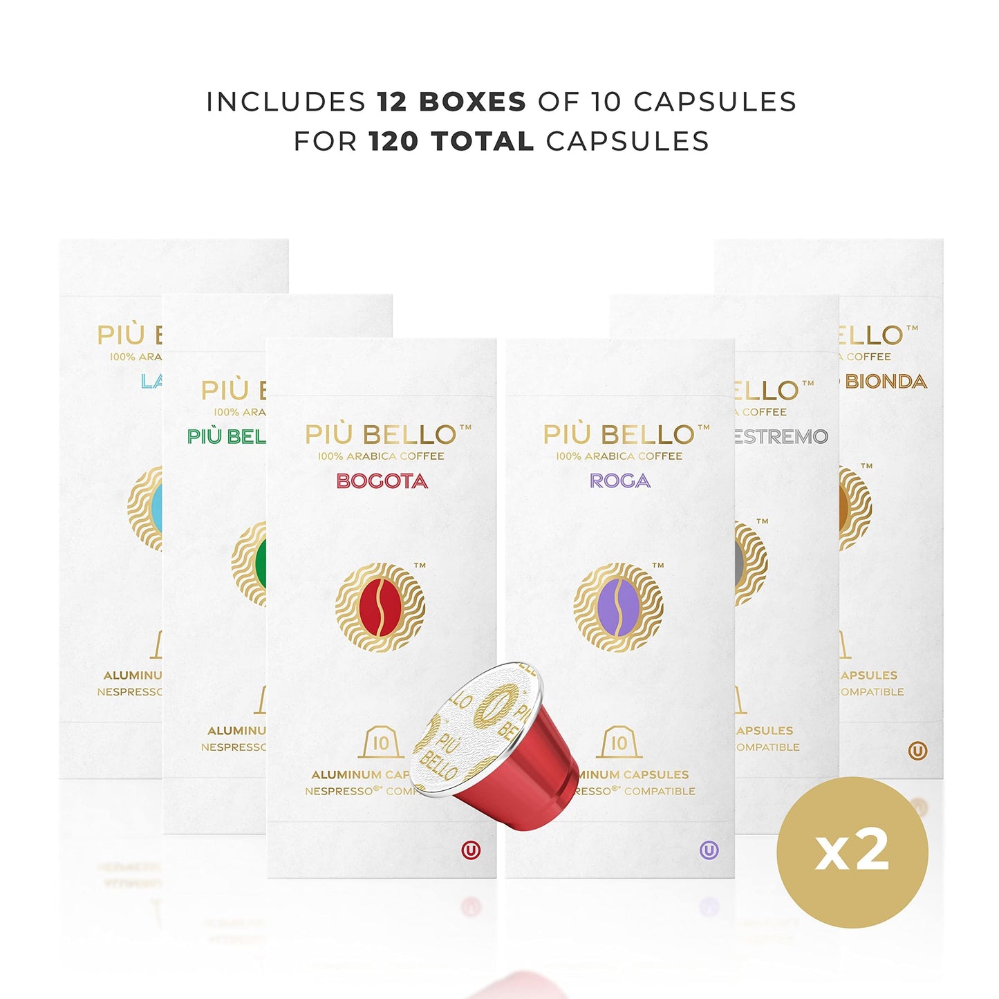 PIU BELLO Espresso Coffee Pods Variety Pack for Nespresso Original Machines, 120 Count, Light & Dark Roast, Chocolate, Nutty, Caramel