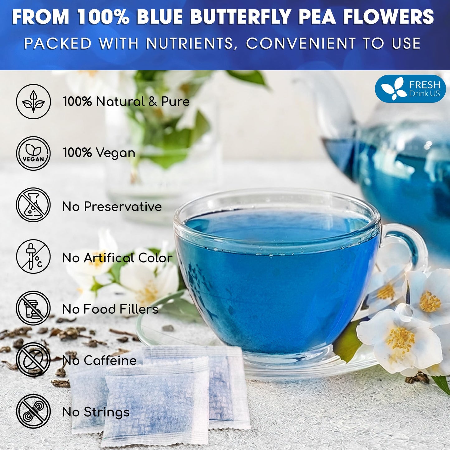 FRESHDRINKUS Blue Butterfly Pea Flower Tea Bags, 100% Natural, Vegan, 75 Count