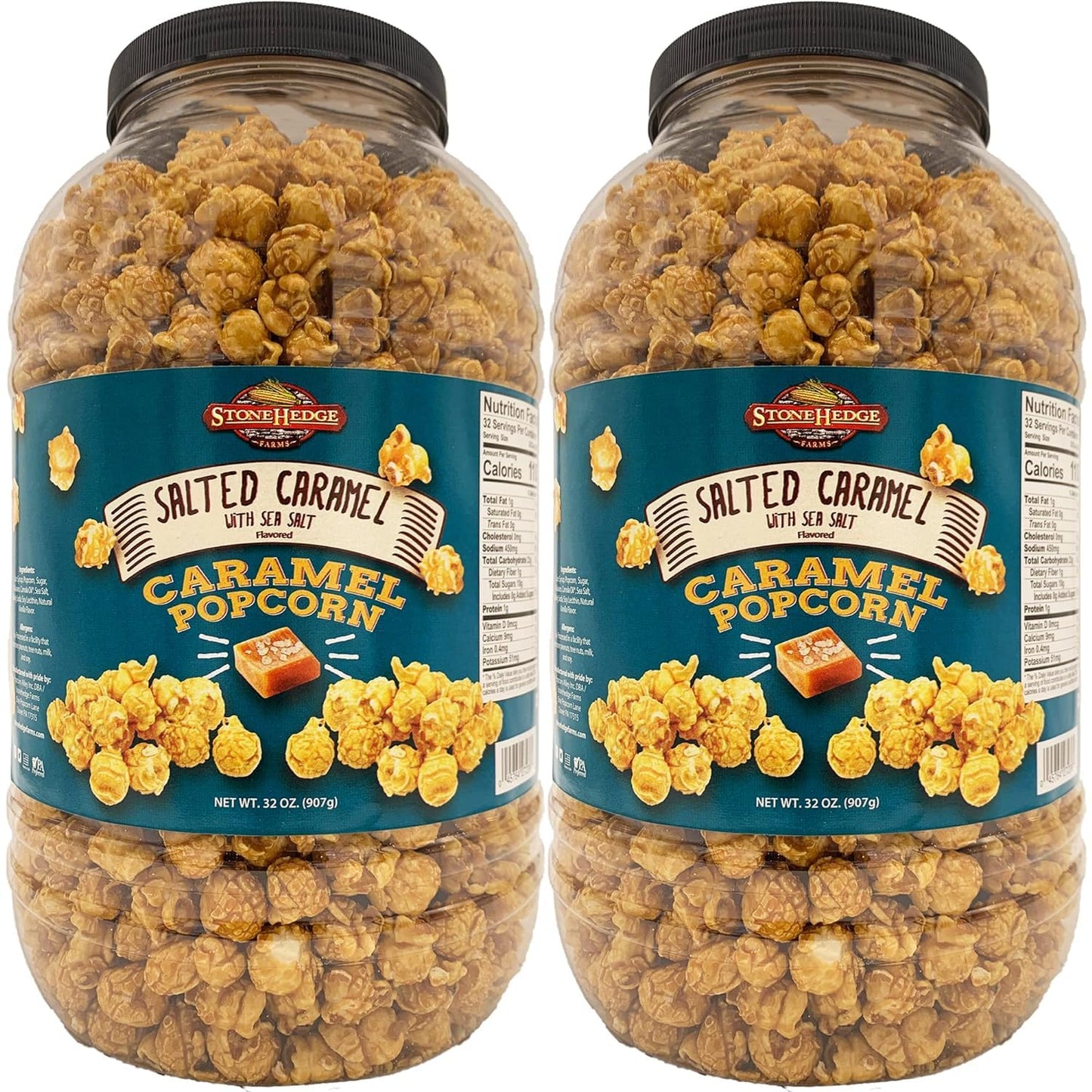 Stonehedge Farms Salted Caramel Flavored Popcorn Barrel - 2 Pack - 32 Ounces Each - Reclosable Container - Made In Usa - Gluten