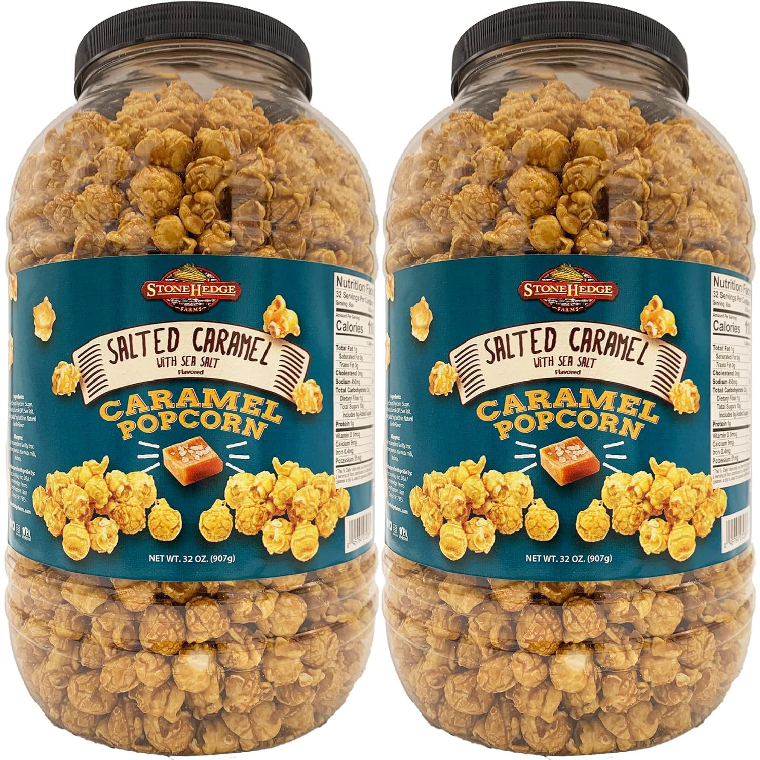 Stonehedge Farms Salted Caramel Flavored Popcorn Barrel - 2 Pack - 32 Ounces Each - Reclosable Container - Made In Usa - Gluten