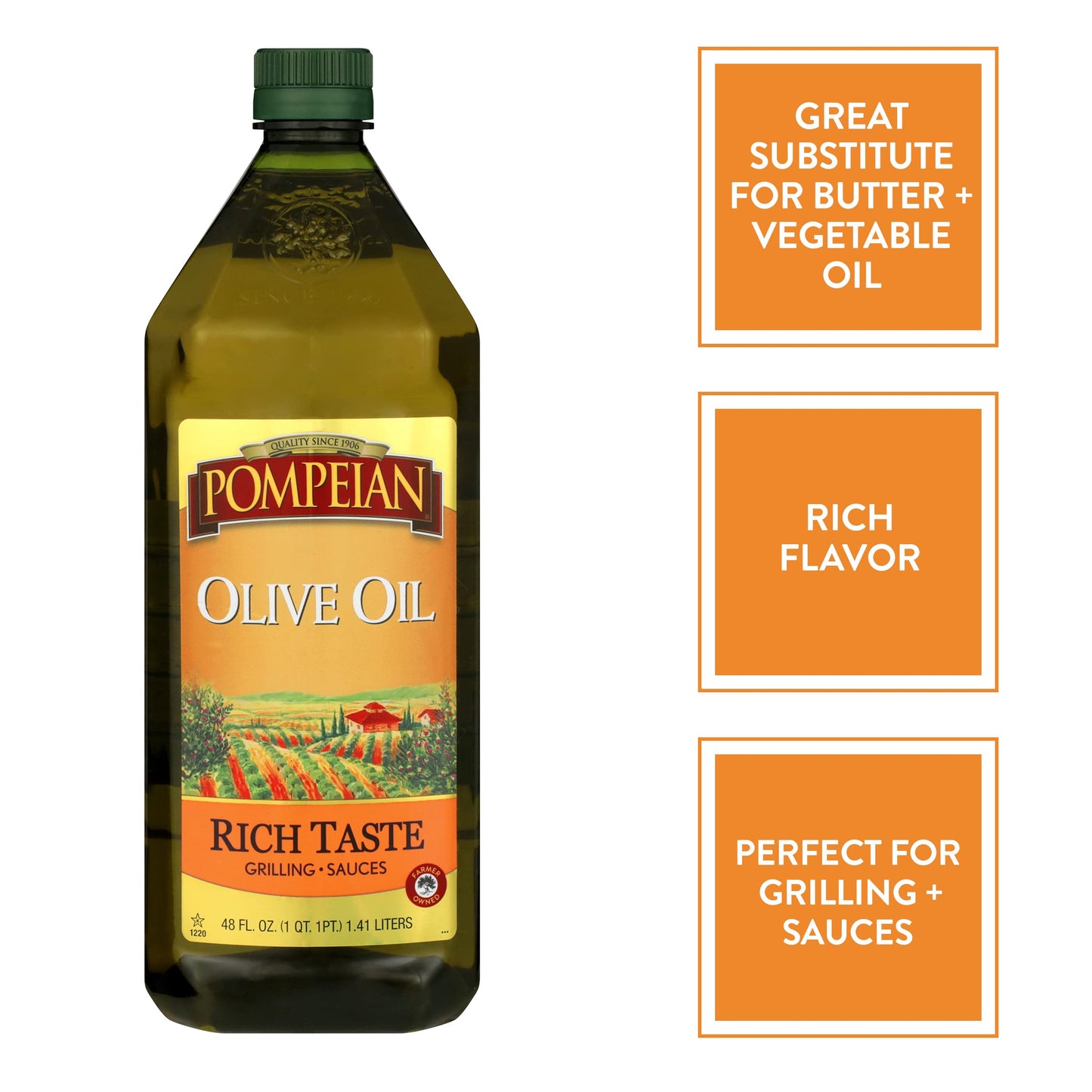 Pompeian Rich Taste Olive Oil, Full Flavor, Perfect For Grilling & Sauces, Naturally Gluten-Free, Non-Allergenic, Non-Gmo, 48 Fl. Oz.