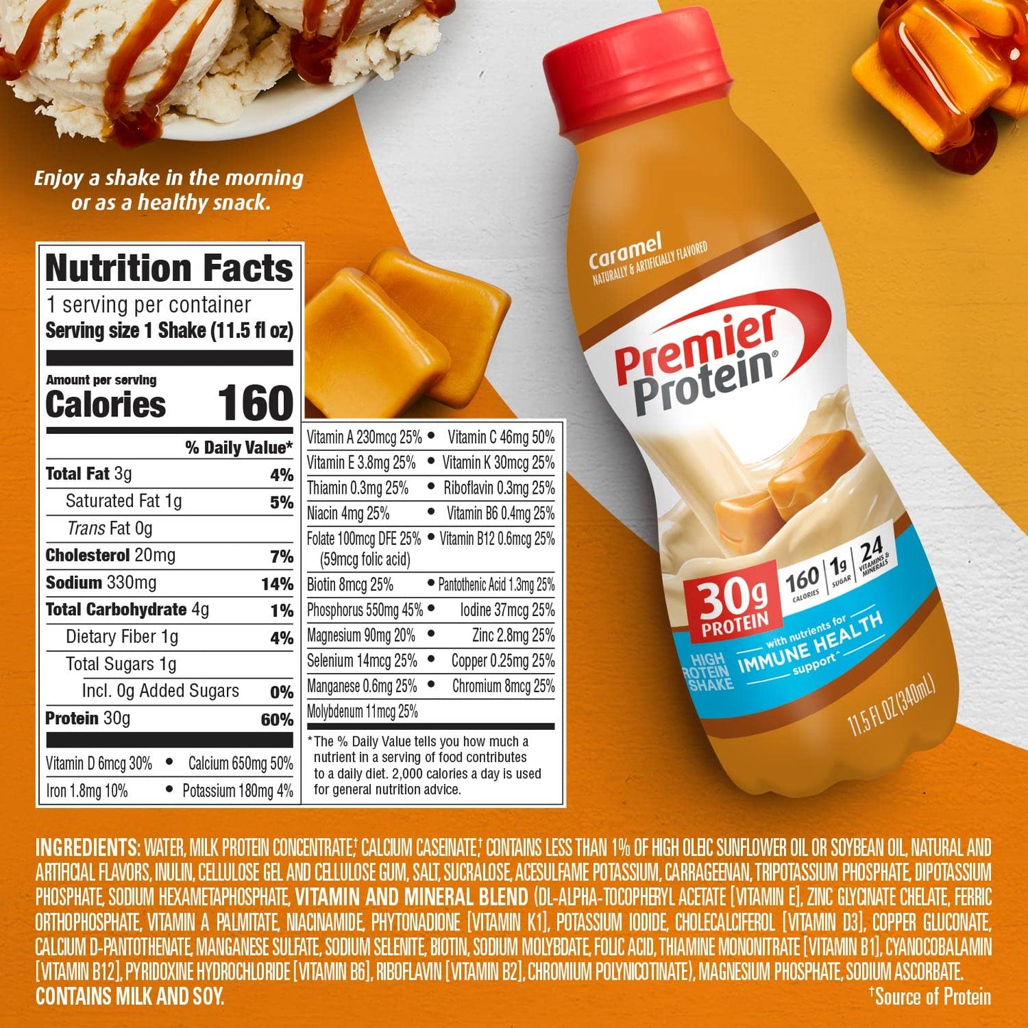 Premier Protein Liquid Protein Shake, Caramel, 30g Protein, 1g Sugar, 24 Vitamins & Minerals, Nutrients to Support Immune Health