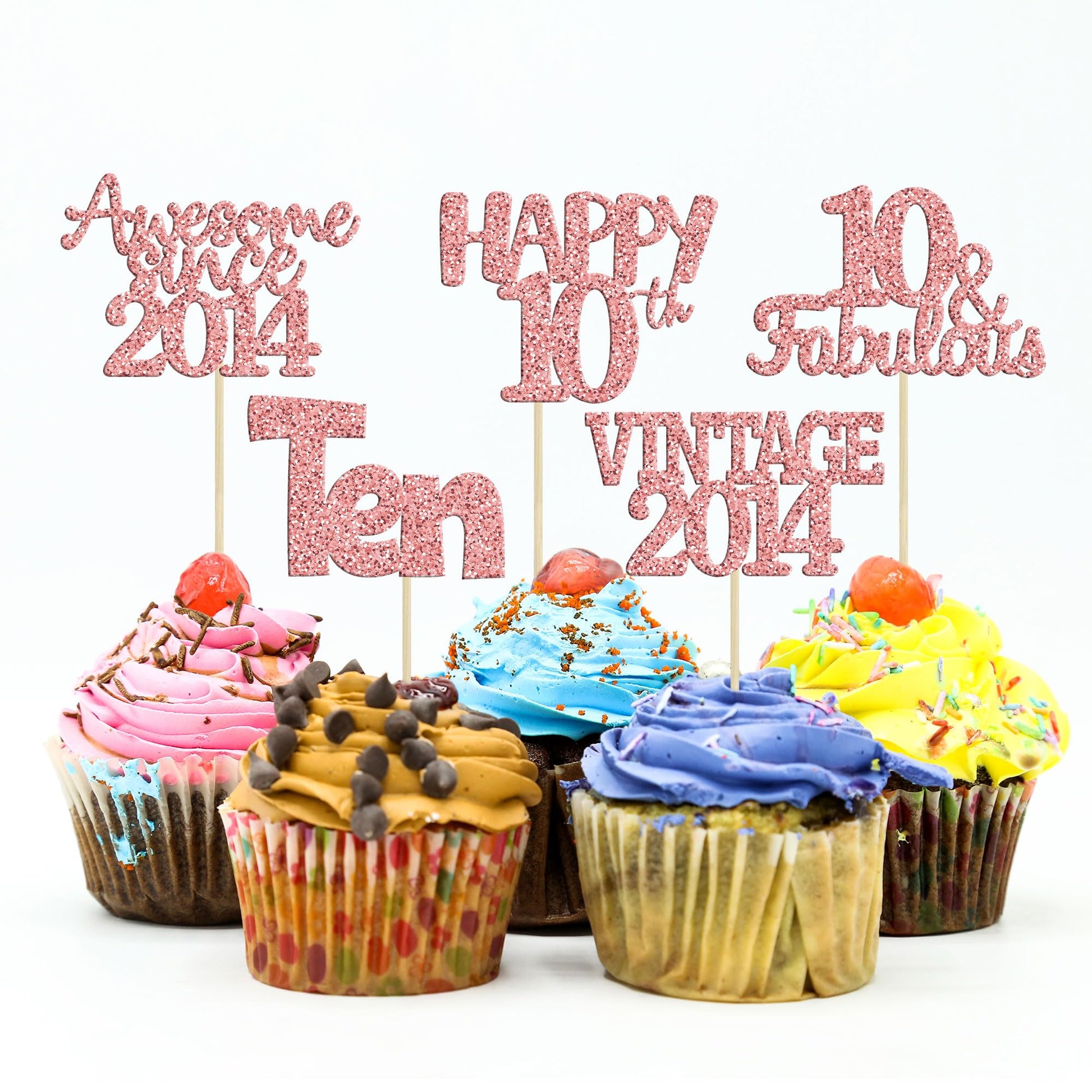 Gyufise 30Pcs Rose Gold Vintage 2014 Cupcake Toppers Glitter Number 10 Cheers To 10 Fabulous Double Digits Cupcake Picks 10Th Bi