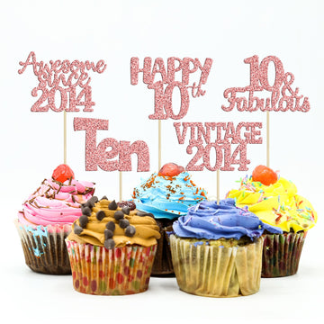 Gyufise 30Pcs Rose Gold Vintage 2014 Cupcake Toppers Glitter Number 10 Cheers To 10 Fabulous Double Digits Cupcake Picks 10Th Bi
