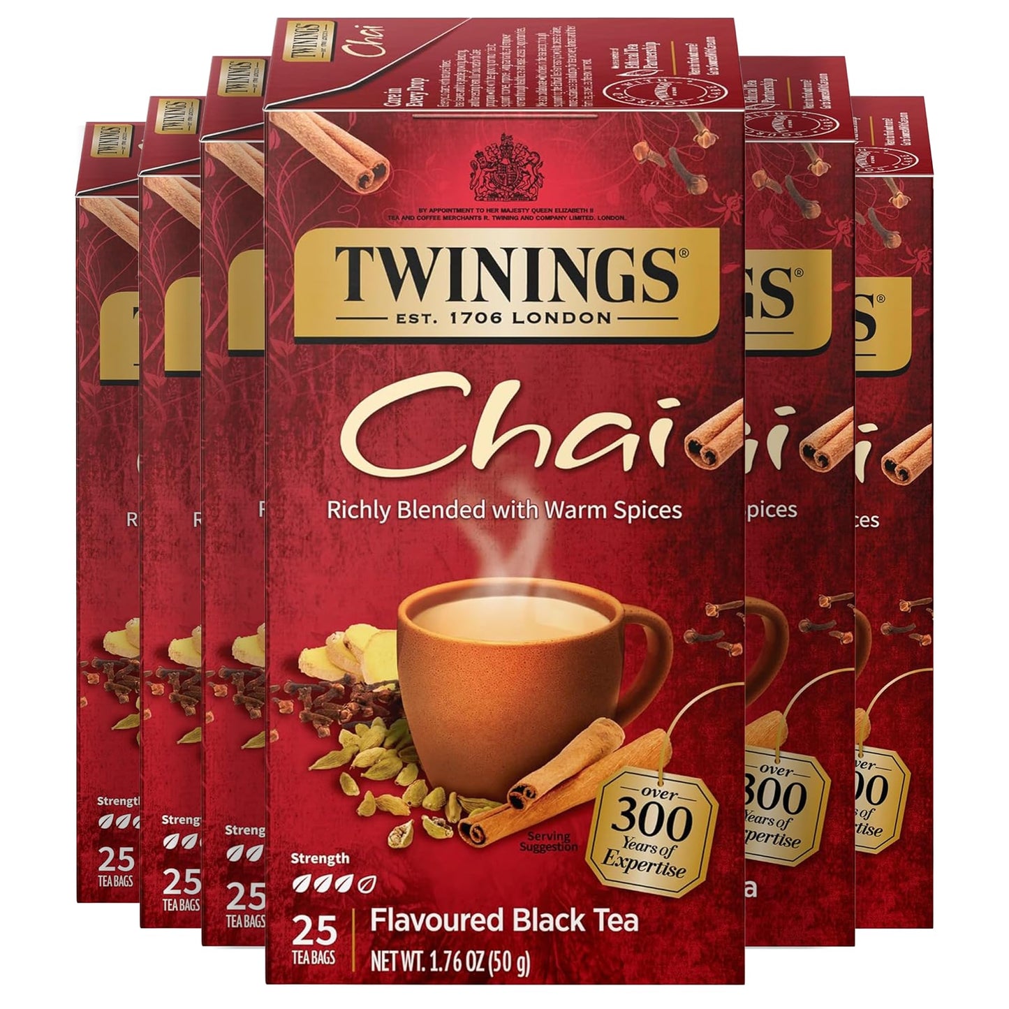 Twinings Chai Black Tea Individually Wrapped Bags, 25 Count (Pack of 6), Sweet, Savoury Spices, Caffeinated, Enjoy Hot or Iced, 