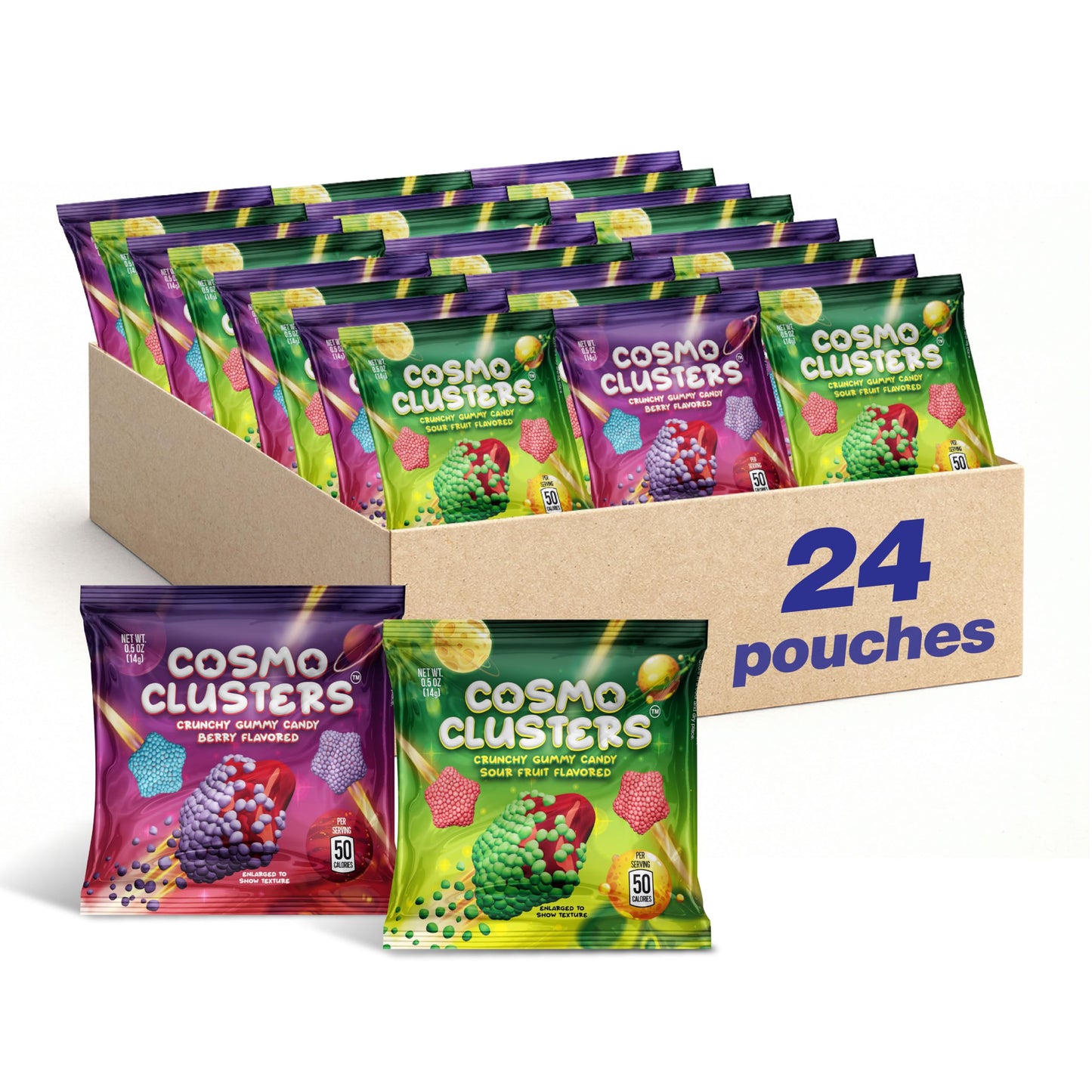 Cosmo Clusters Crunchy Gummy Candy Mix - Sour Fruit & Berry - 0.5 Ounce Pouch (24 Count) - Classroom Snacks for Students