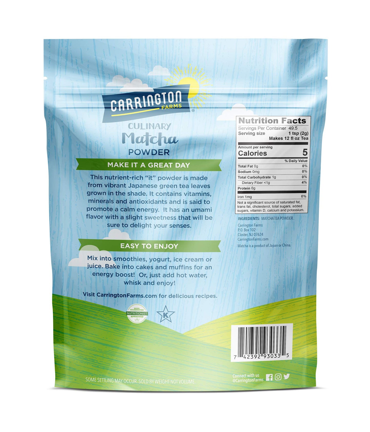 Carrington Farms Organic Matcha Powder - Finely Milled Japanese Green Tea Leaves - Bold & Rich Flavor, Antioxidant Energy Booste