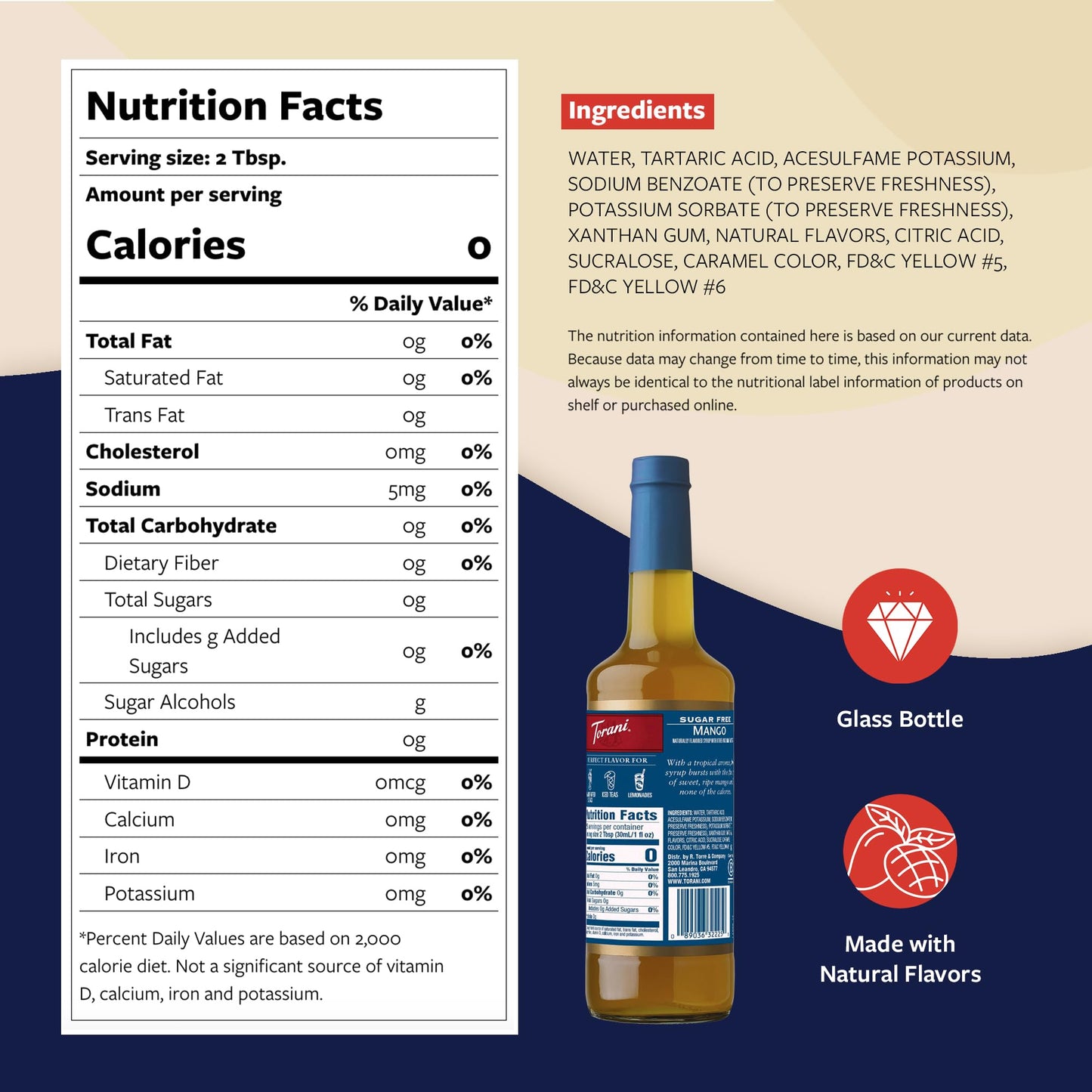 Torani Sugar Free Syrup, Mango Flavored Syrup For Drinks, Zero Calorie, Glass Bottle With Pump Included, 25.4 Fl Oz