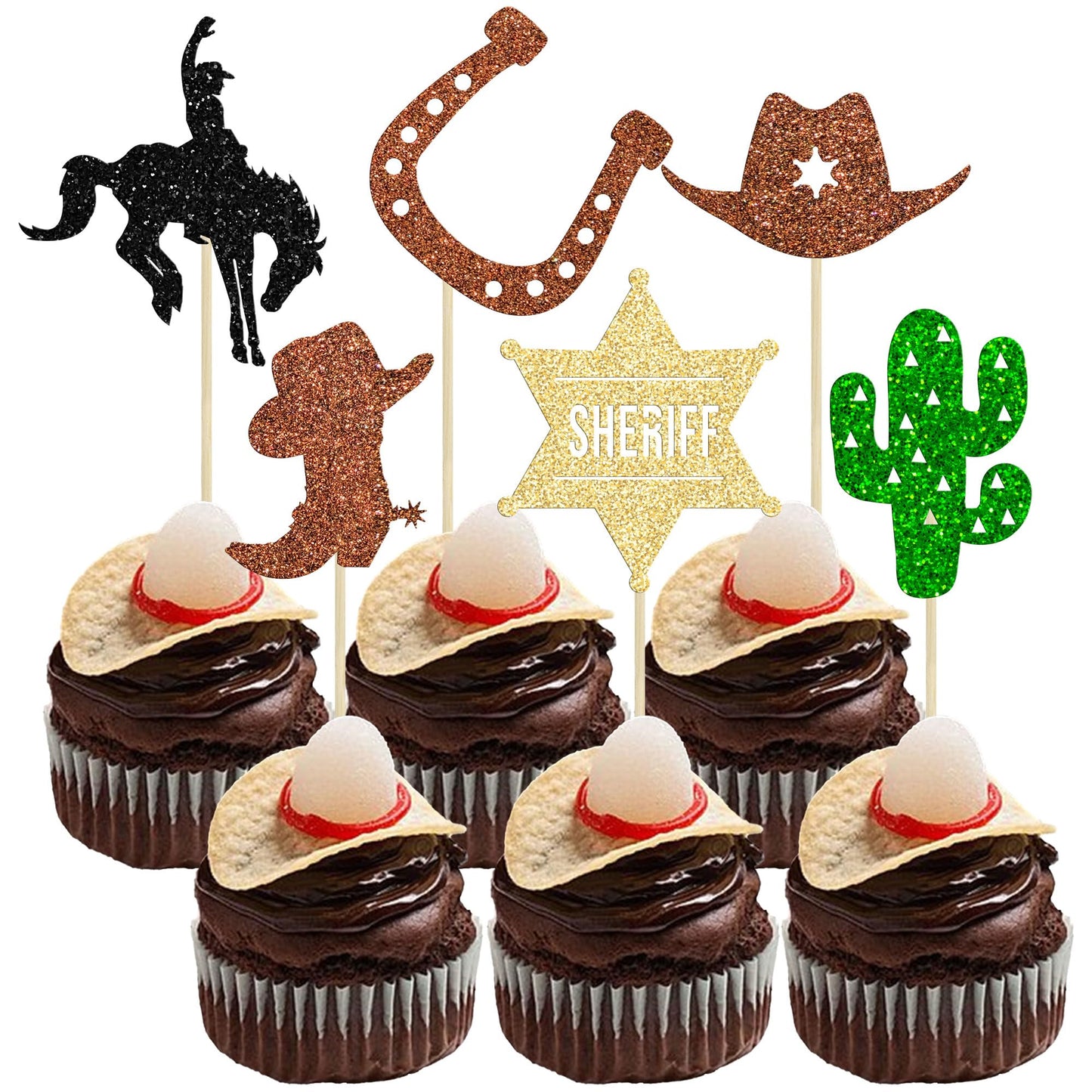 Gyufise Cowboy Cupcake Toppers, 24Pcs Glitter HorseShoe & Hats, Small, Brown, Paper Decorations for Western Theme Parties