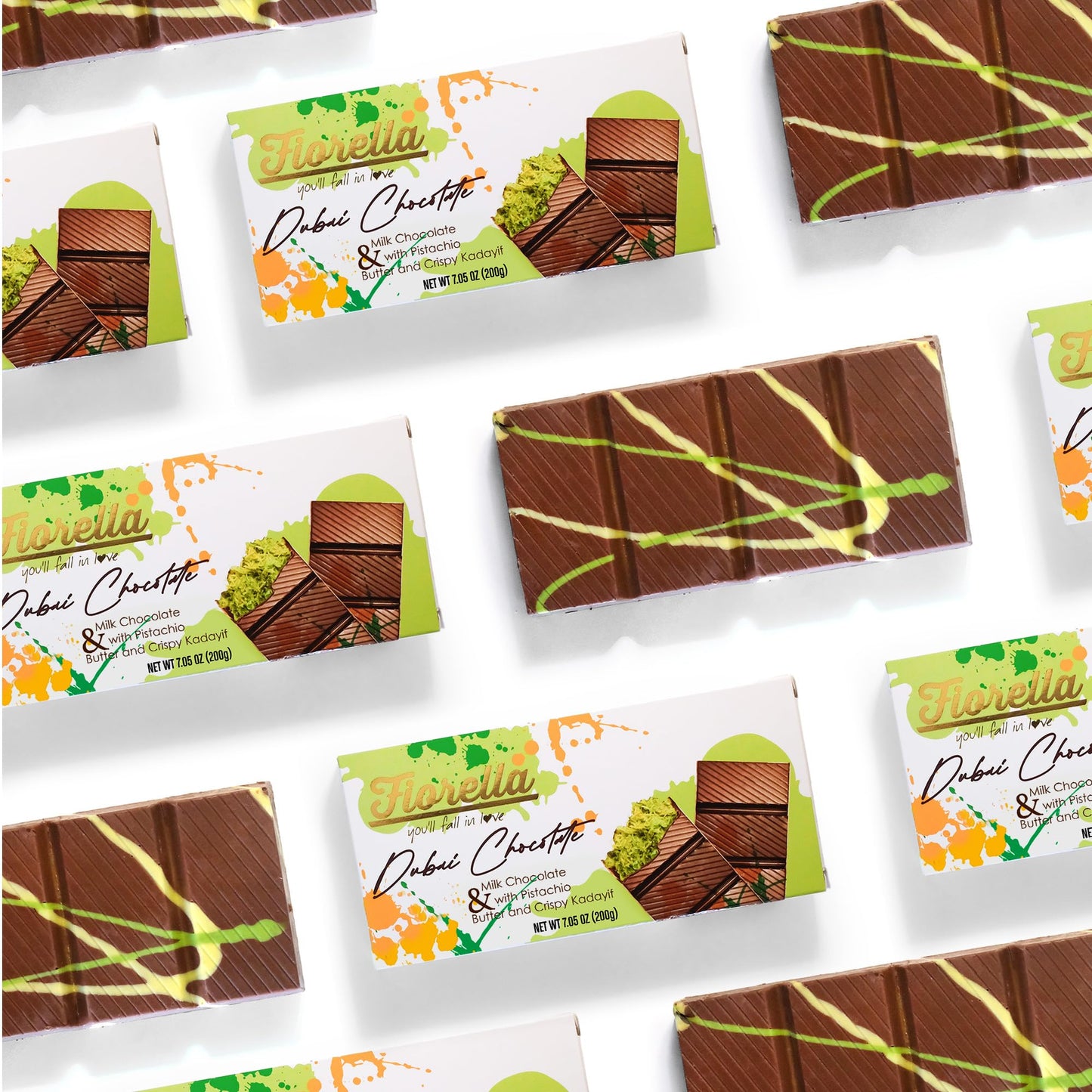 Fiorella Dubai Chocolate Bar Pistachio, Luxury & Premium Dubai Milk Chocolate Bar Filled With Pistachio Butter & Shredded Knafeh