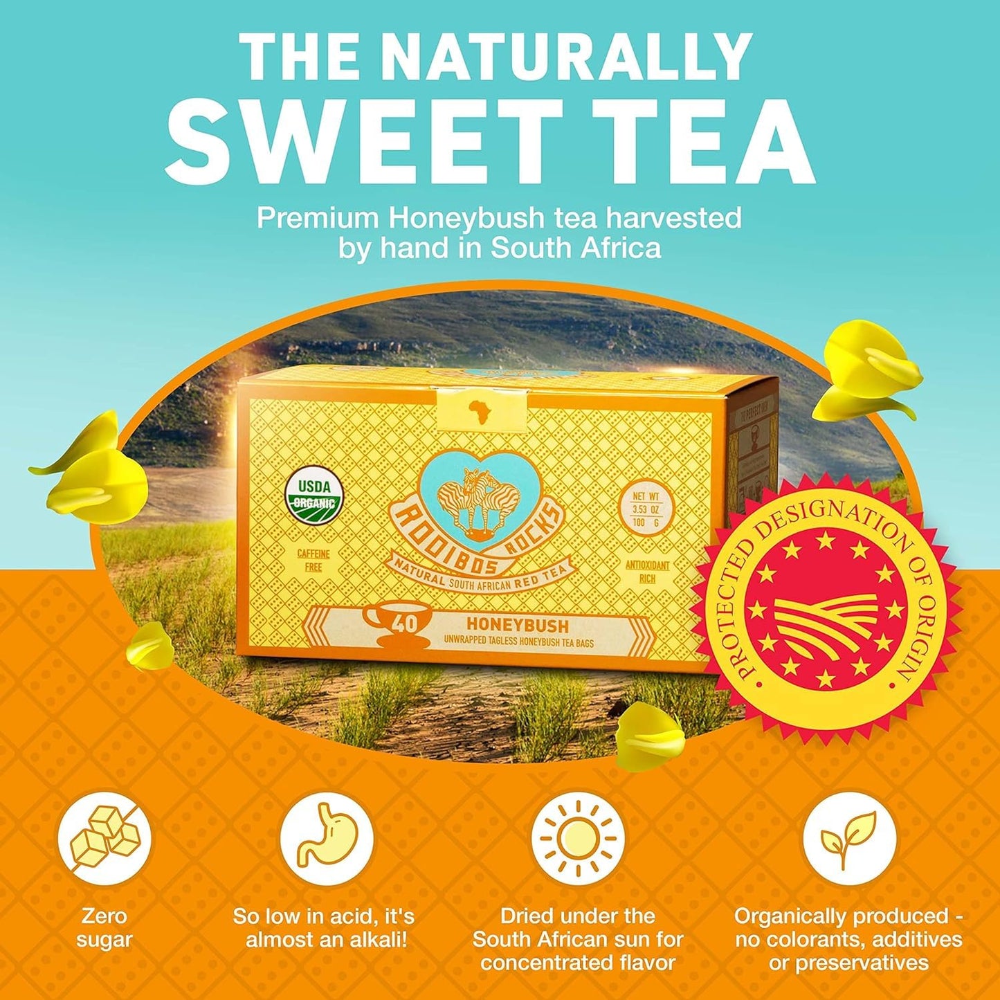 Rooibos Rocks Premium Honeybush Tea - Caffeine Free, 40 Tea Bags, Deep Red, Sustainably Sourced