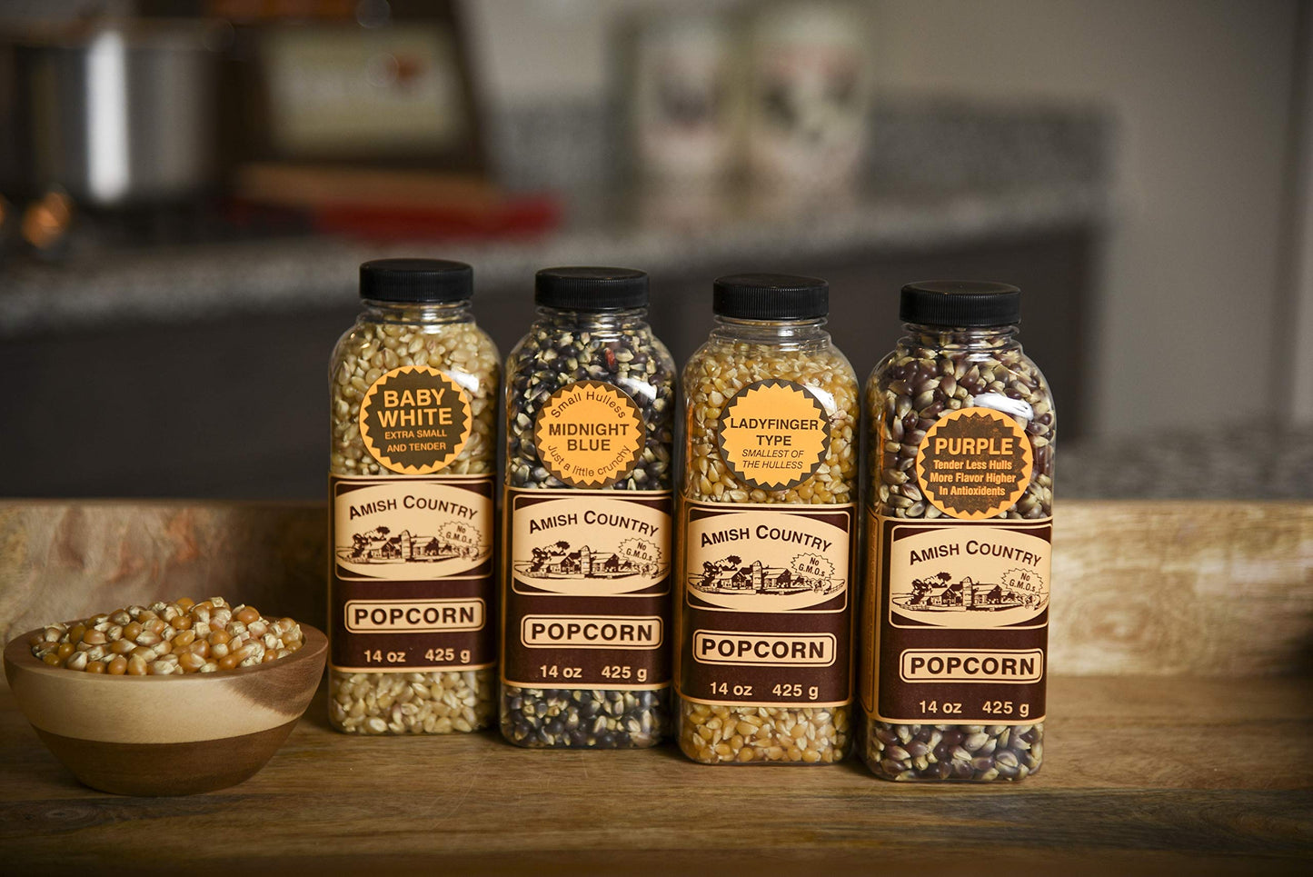 Amish Country Popcorn | Popcorn Kernel Variety Set | 4-14 Oz Bottles | Baby White, Midnight Blue, Ladyfinger, Purple Popcorn Ker